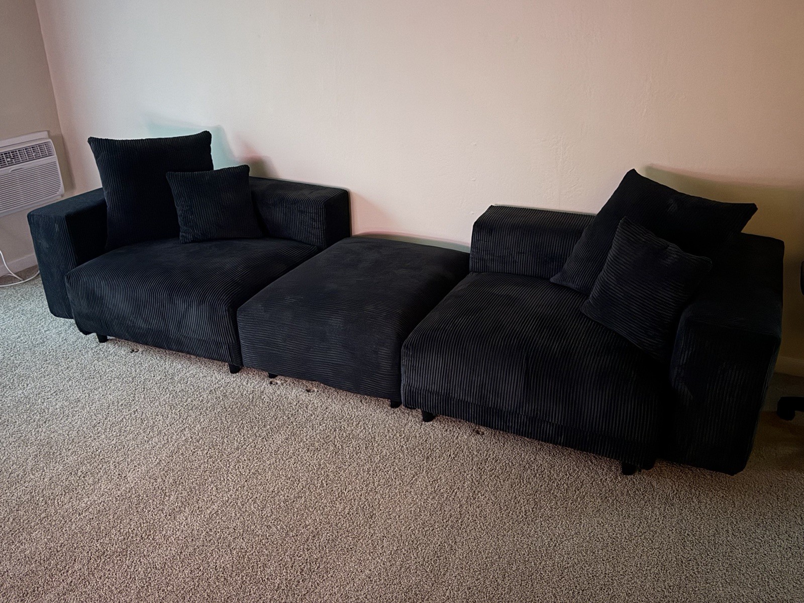 Black Velvet Modular Sofa High Back Contemporary Arm with Ottoman & Cushions