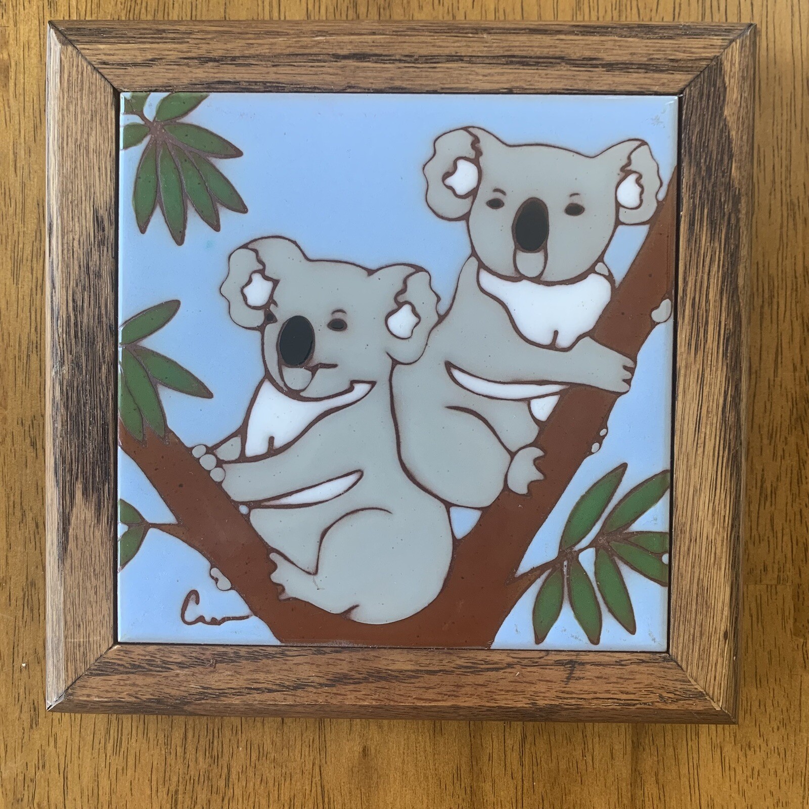 Vintage Ceramic Tile Wood Framed Koala Bears Signed Hand Painted 1984