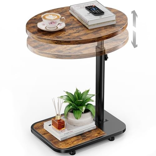 TV Tray Table with Infinite Adjustable Height - C-Shaped Sofa End Side Brown