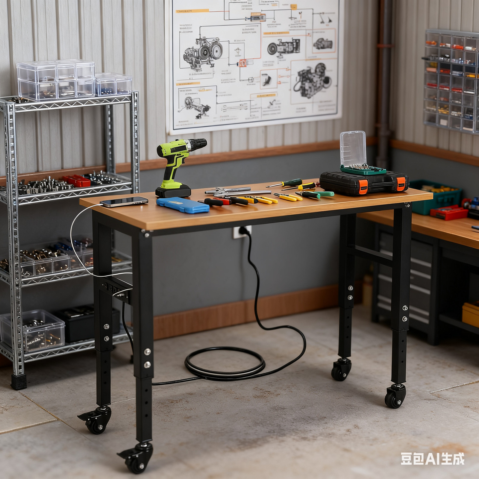 Adjustable 48" Workbench Heavy Duty Garage Table with Power Outlet for Workshop