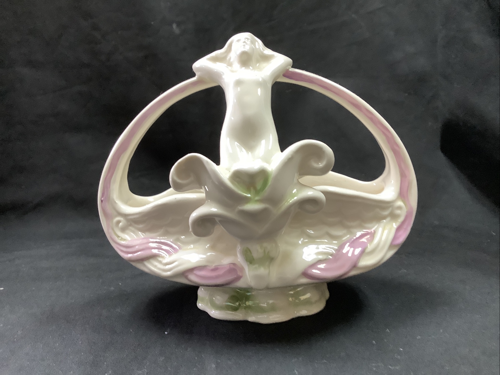 Vtg. Art Deco Porcelain Basket w/Nude Woman, 4.5" H x 5" L x 3.25" W