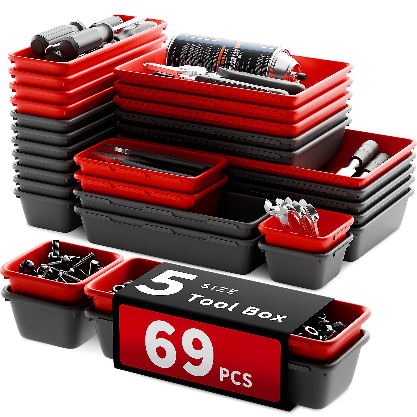 69 PCS 5 Size Black Red Tool Drawer Organizer Desk Tray Rolling Chest Box Kit