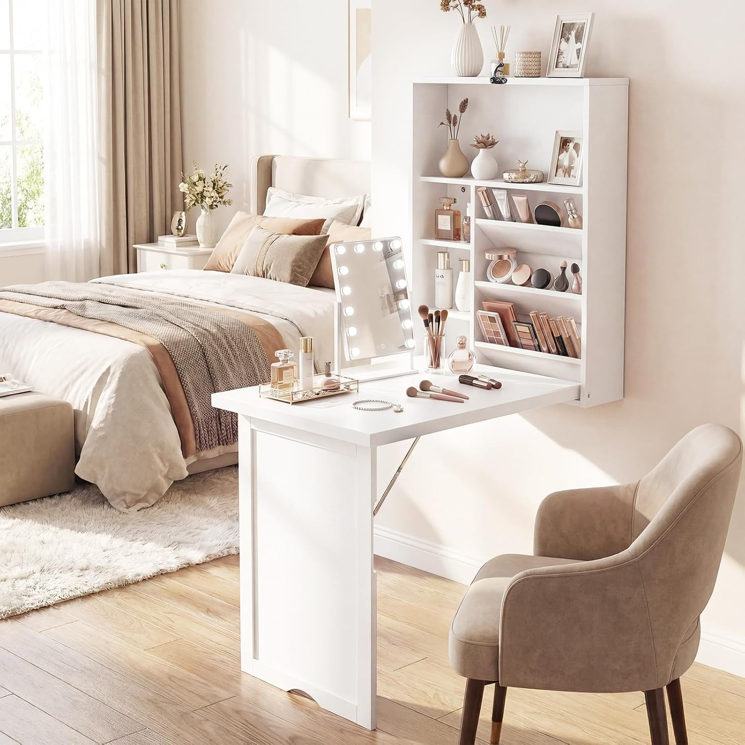 Folding Wall Mounted Desk, Convertible Fold Out Floating Table with Storage Shel