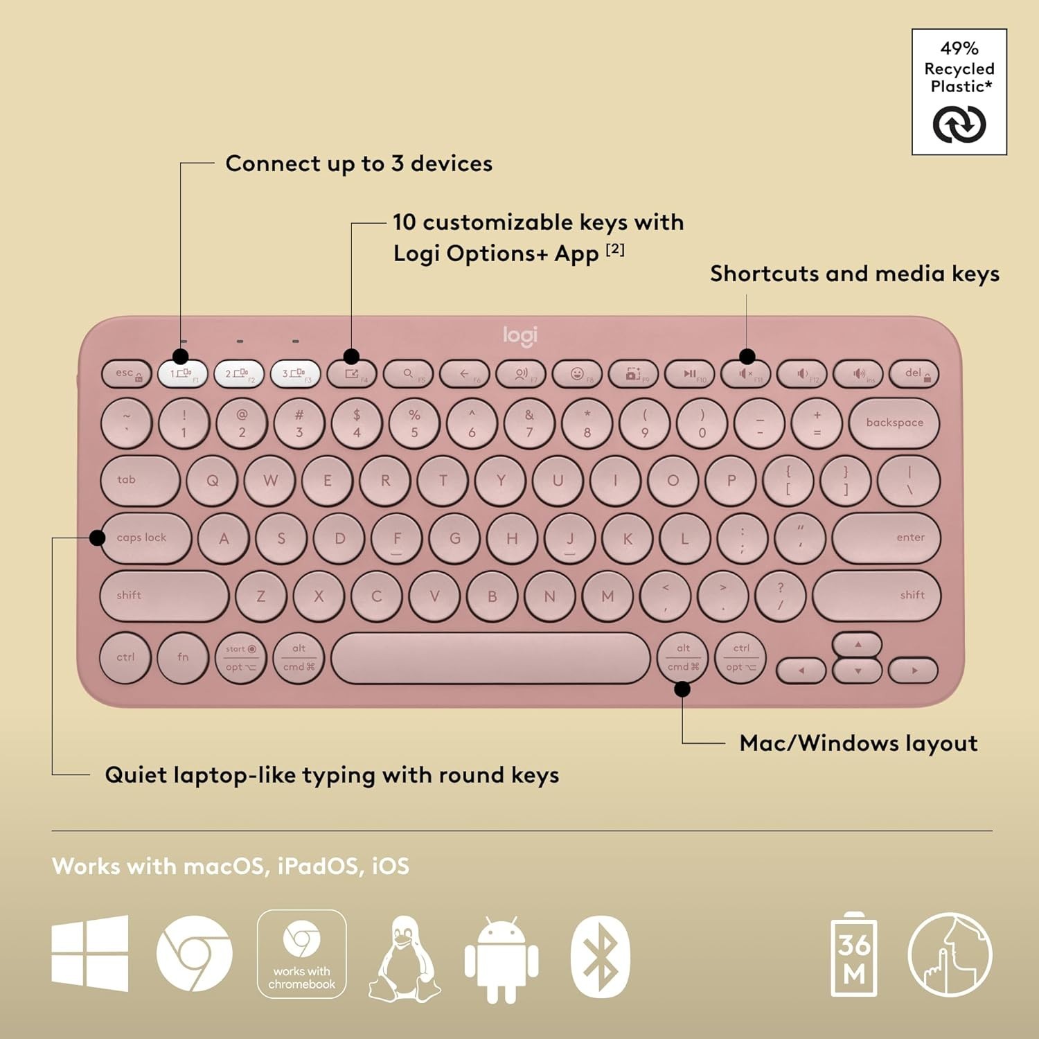 Logitech Pebble Keys 2 K380s Multi-Device Bluetooth Wireless Keyboard Tonal Rose