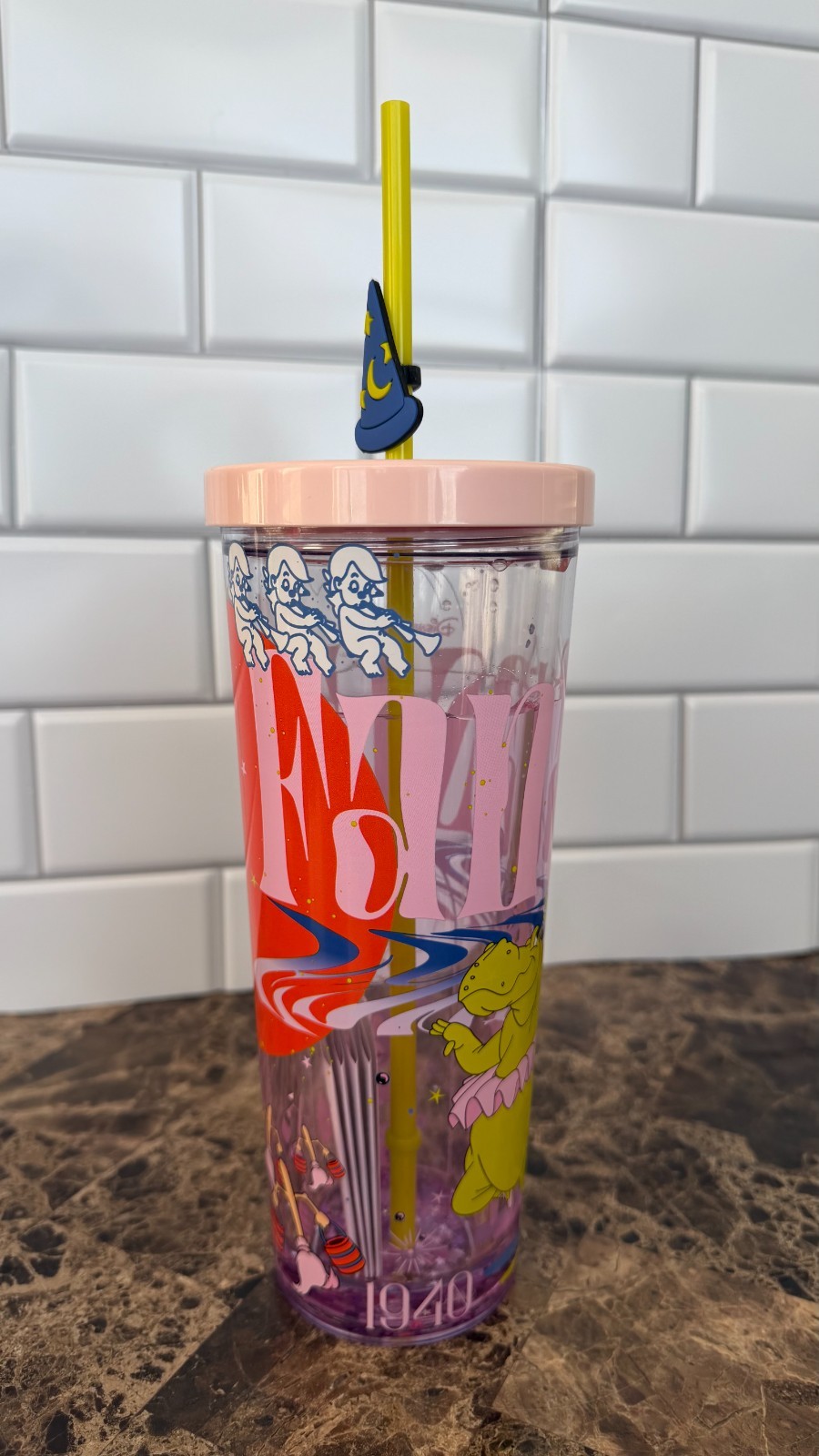 Disney Fantasia Liquid Glitter Tumbler with Sorcerer Hat Charm - 22oz