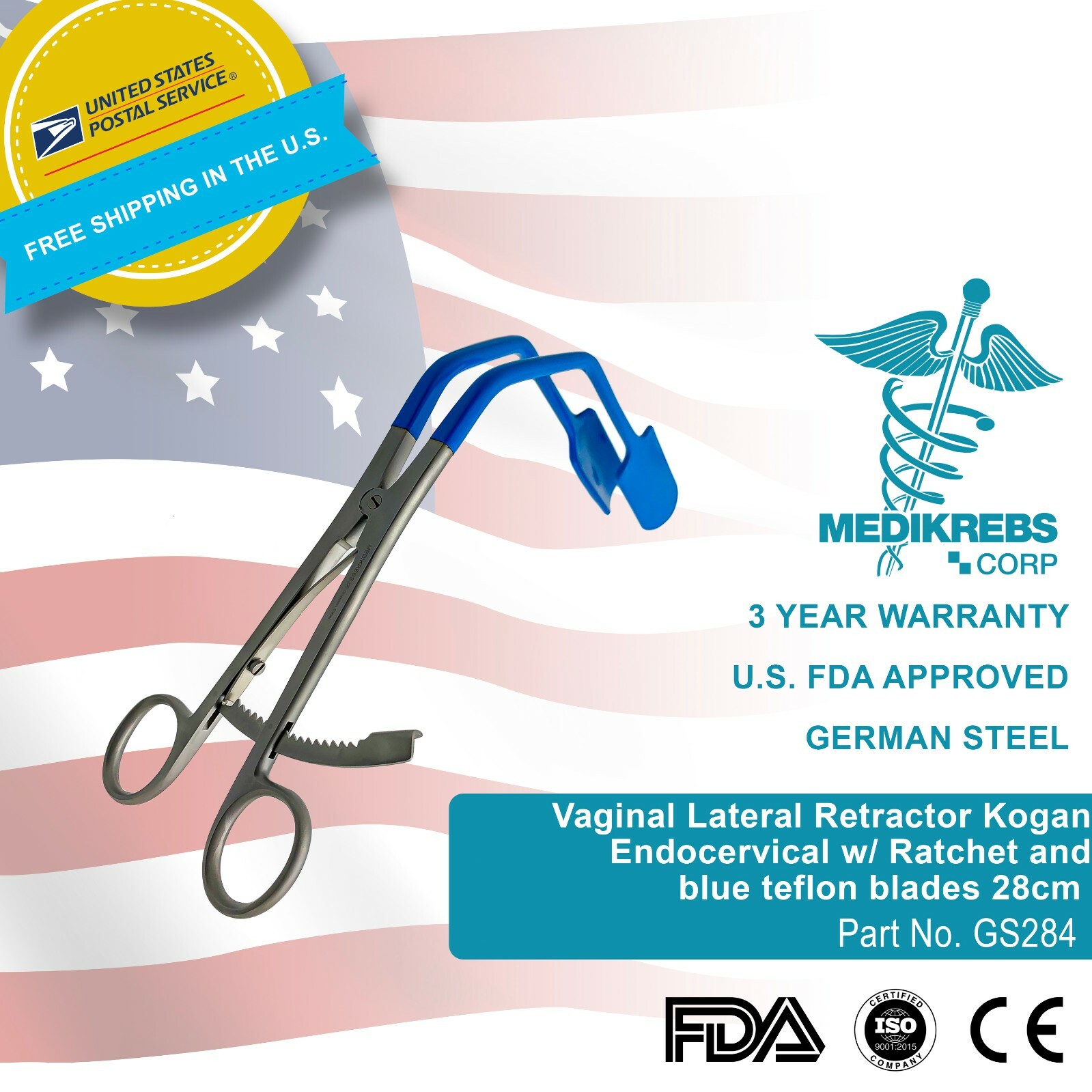 Kogan Endocervical Specula Lateral w/ ratchet and blue Teflon blades 28 cm
