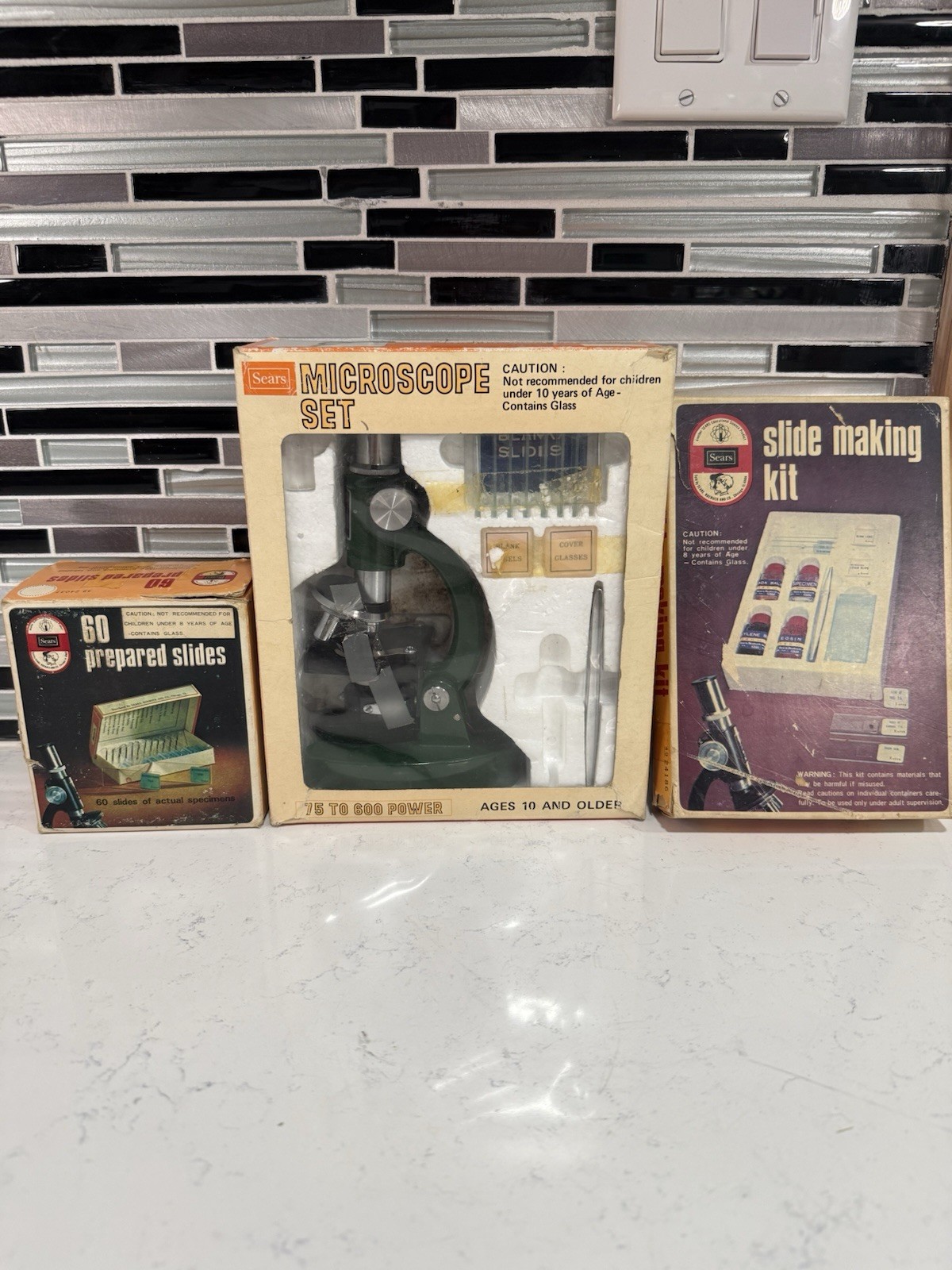 Vintage Sears Microscope Set 75-600x w/ Slide Kit 60 Slides Manual Box LOT