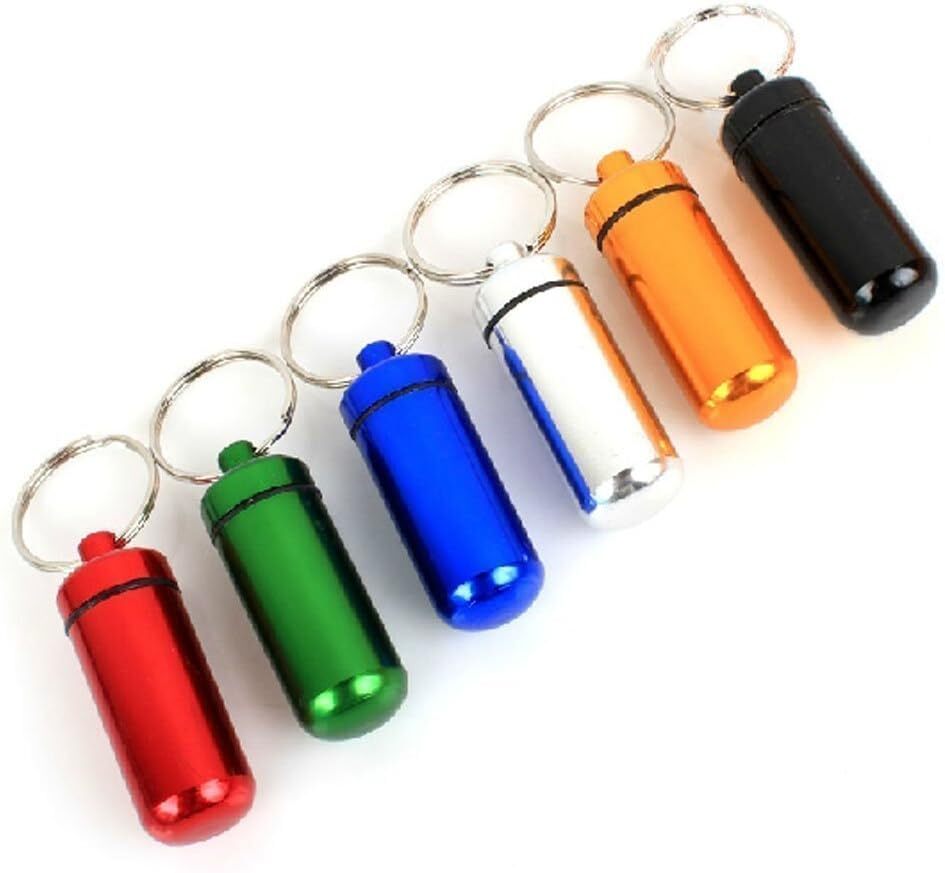6 Set Aluminum Vial Pill Box Case Bottle Holder Keychain Waterproof Container