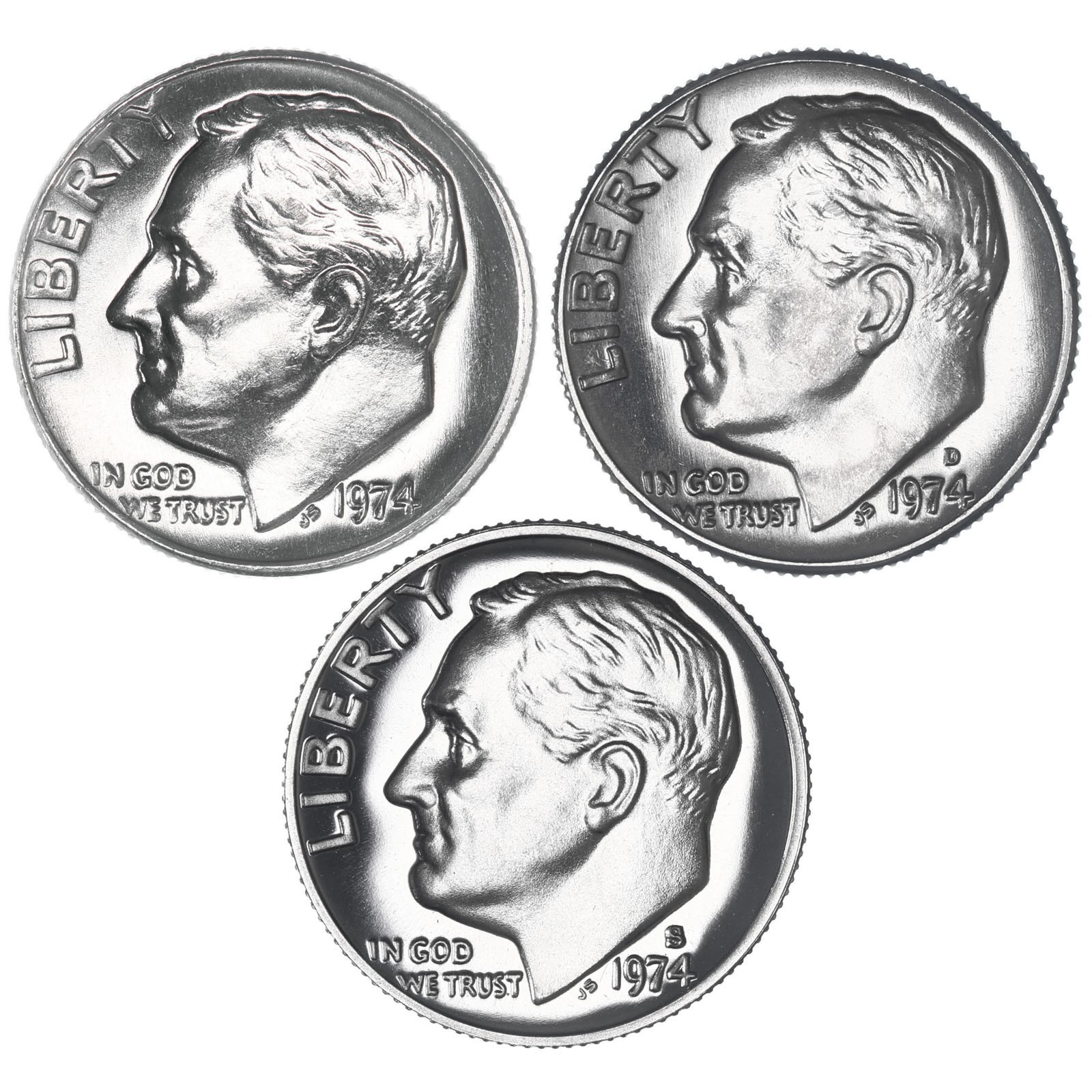 1974 P D S Roosevelt Dime Year Set Clad Proof & BU US 3 Coin Lot