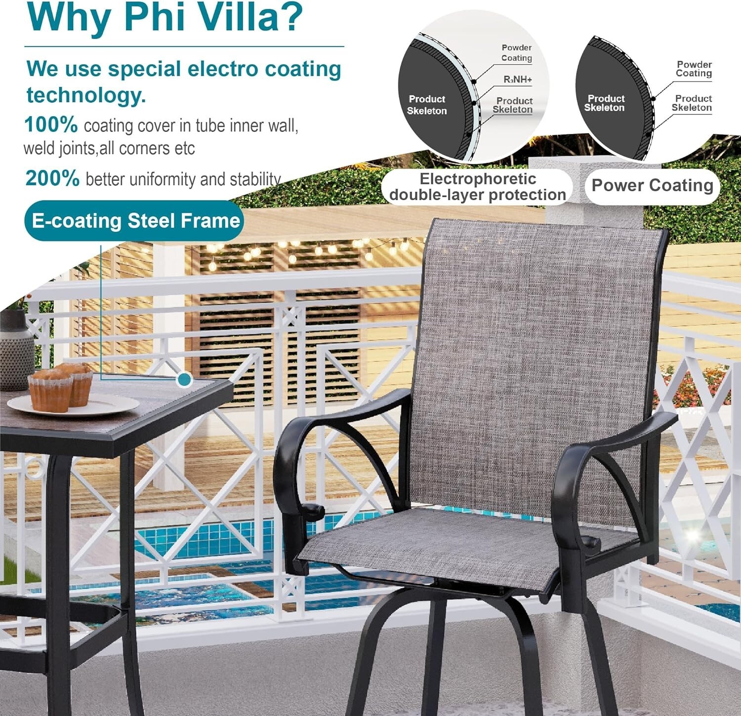 3 PCS Patio Bar Table Chair Set Swivel Bar Height Chair Bar Stools Outdoor Table