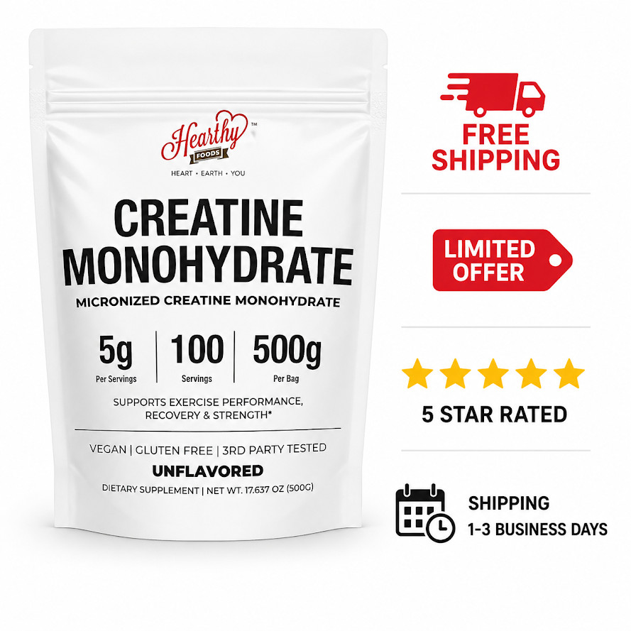 HEARTHY FOODS Creatine Monohydrate Micronized Powder 500G - 100 Servings, 5000mg