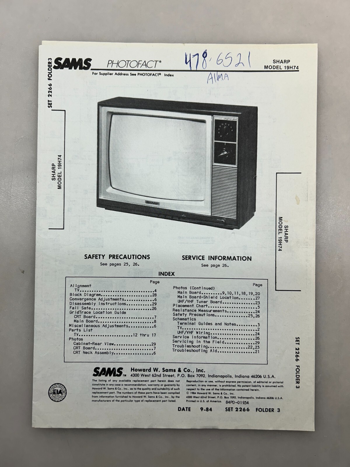 Sharp 19H74 Service Manual Sams Photofact Free Shipping