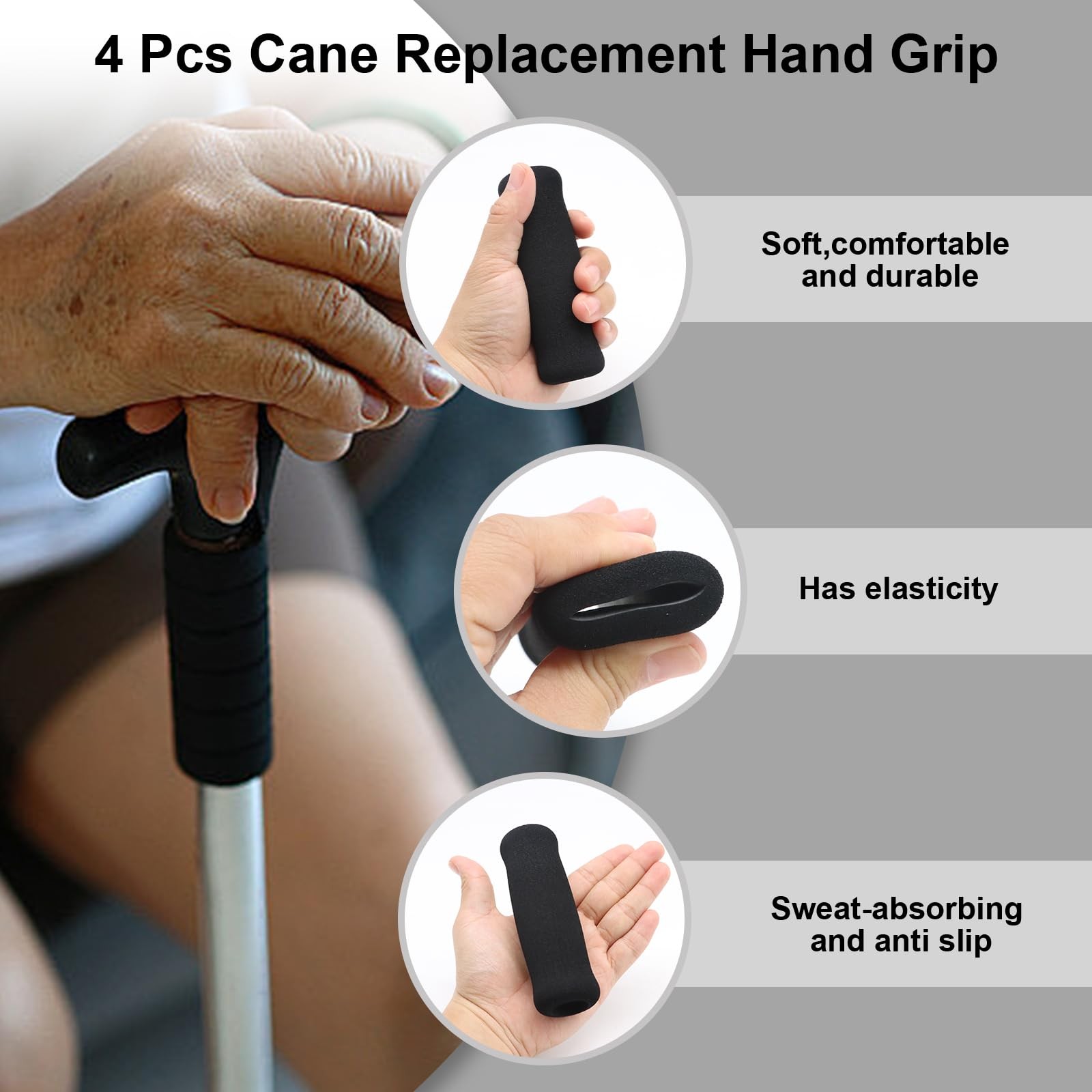 4Pcs Walking Cane Hand Grips - Black Foam Replacement for Offset Canes