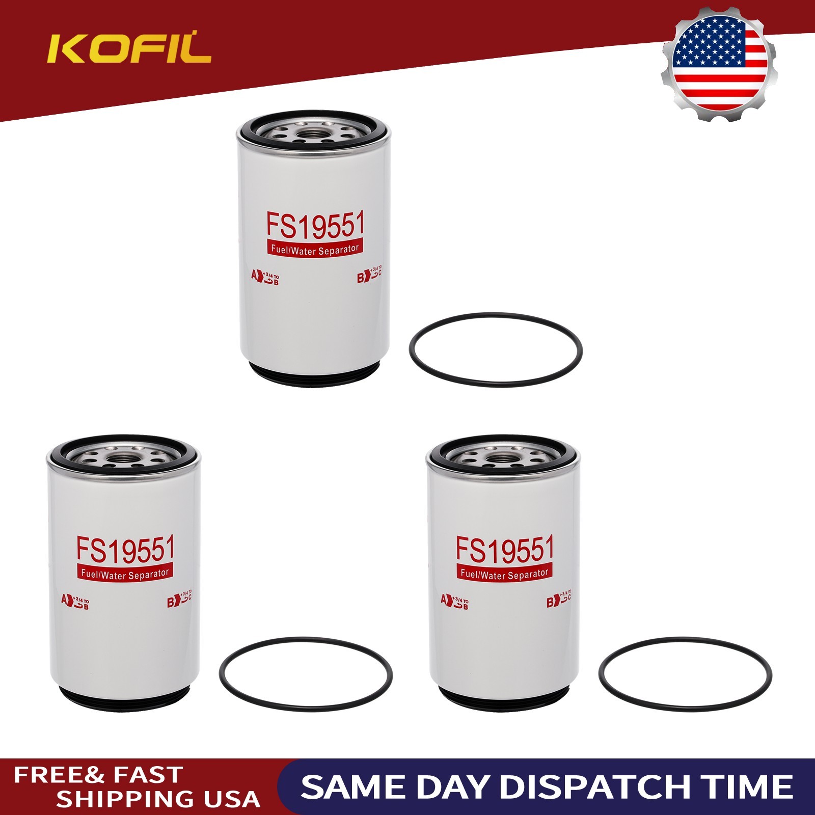 3PCS For Fleetguard Fuel Filter with Water Separator FS19551