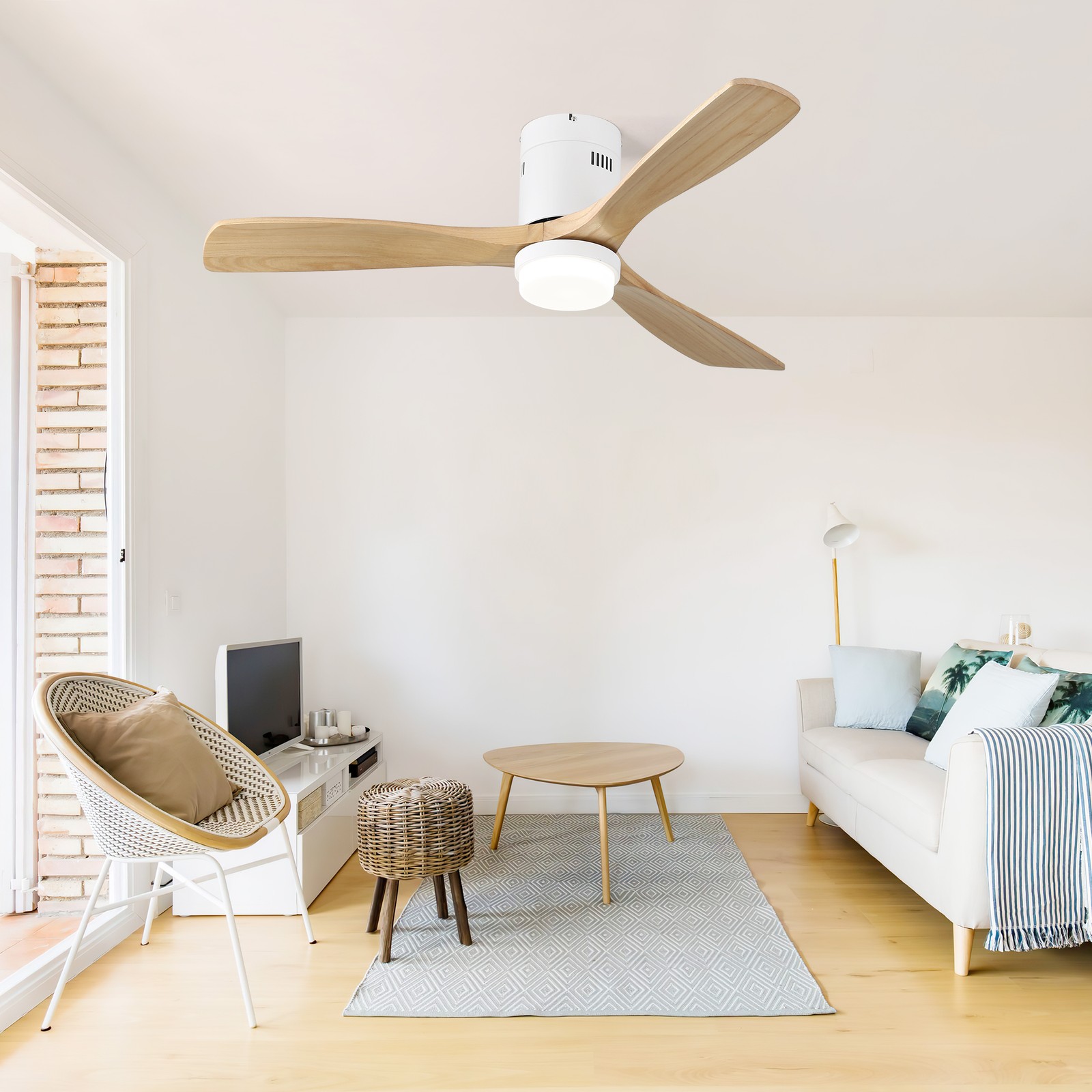 52 Inch Decorative Ceiling Fan With 6 Speed Remote White 3 Solid Wood Blades