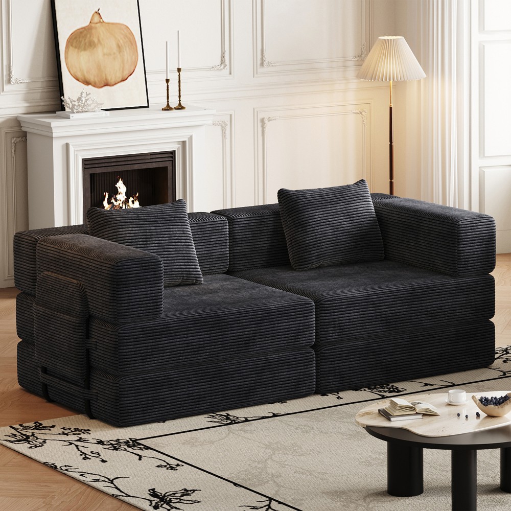 72" Convertible Sofa Bed w/ Storage Pockets & Cushions, Corduroy Fabric