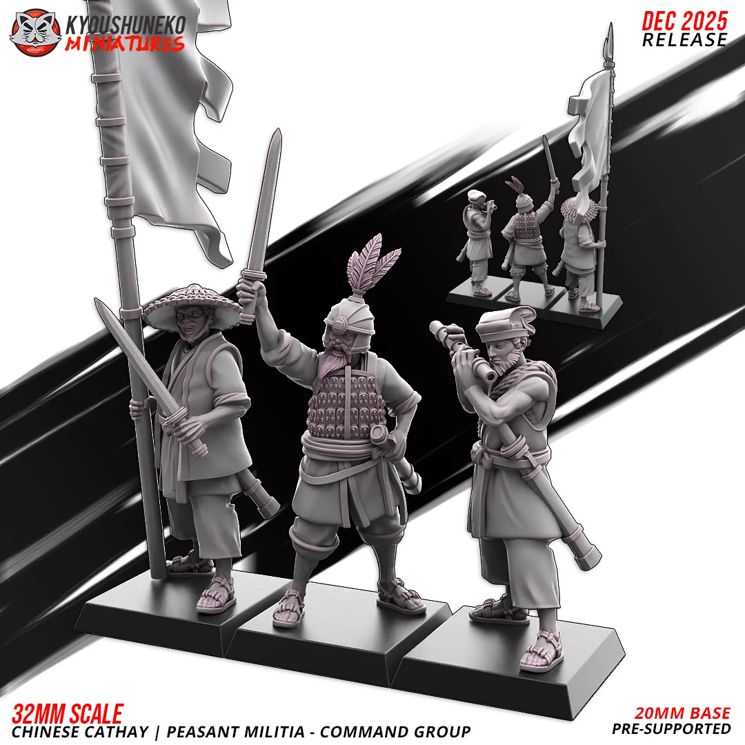 Chinese Cathay Peasant Militia Command Group - 28-32mm Resin Tabletop Miniat