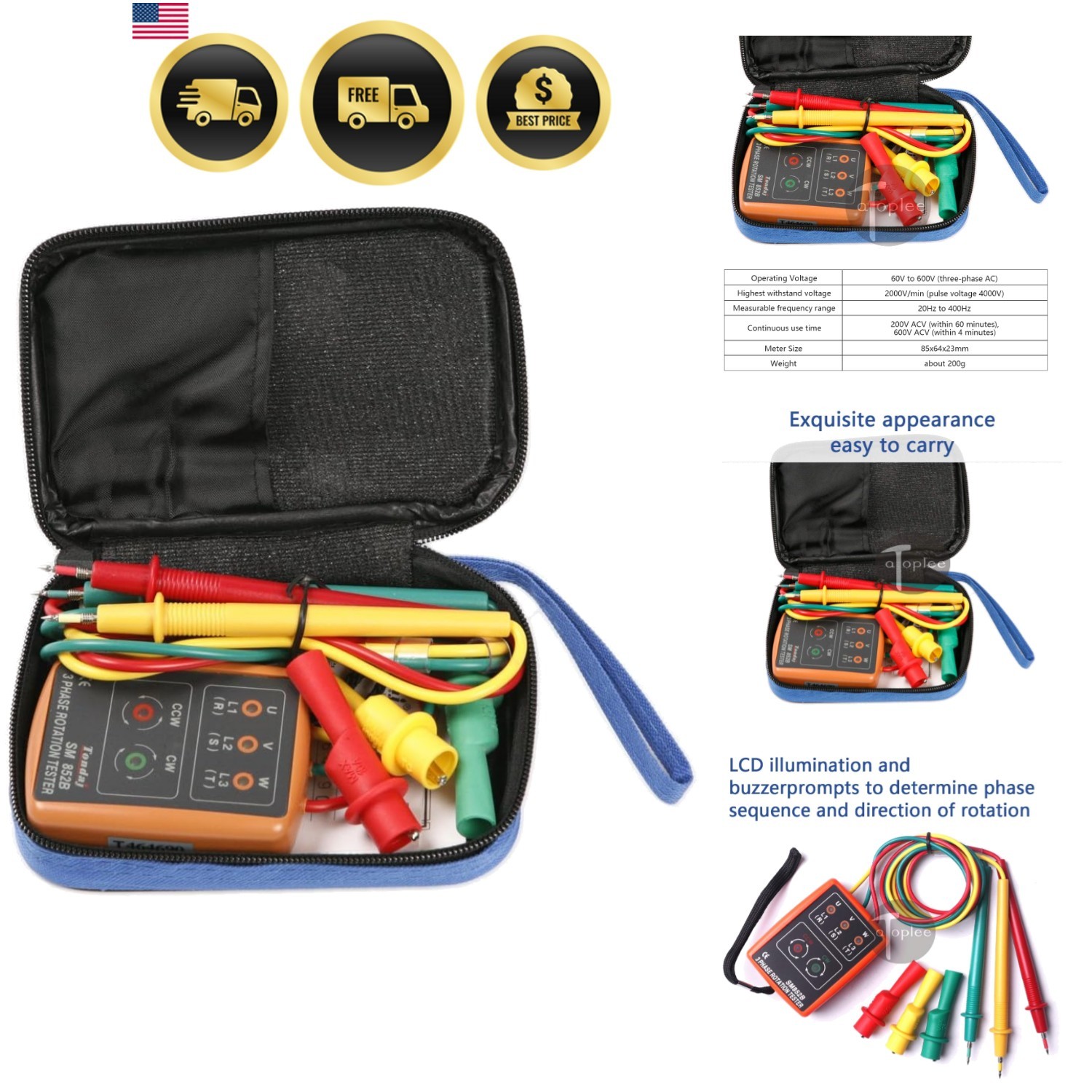 3 Phase Sequence Presence Rotation Tester Indicator Detector Meter with LED a...