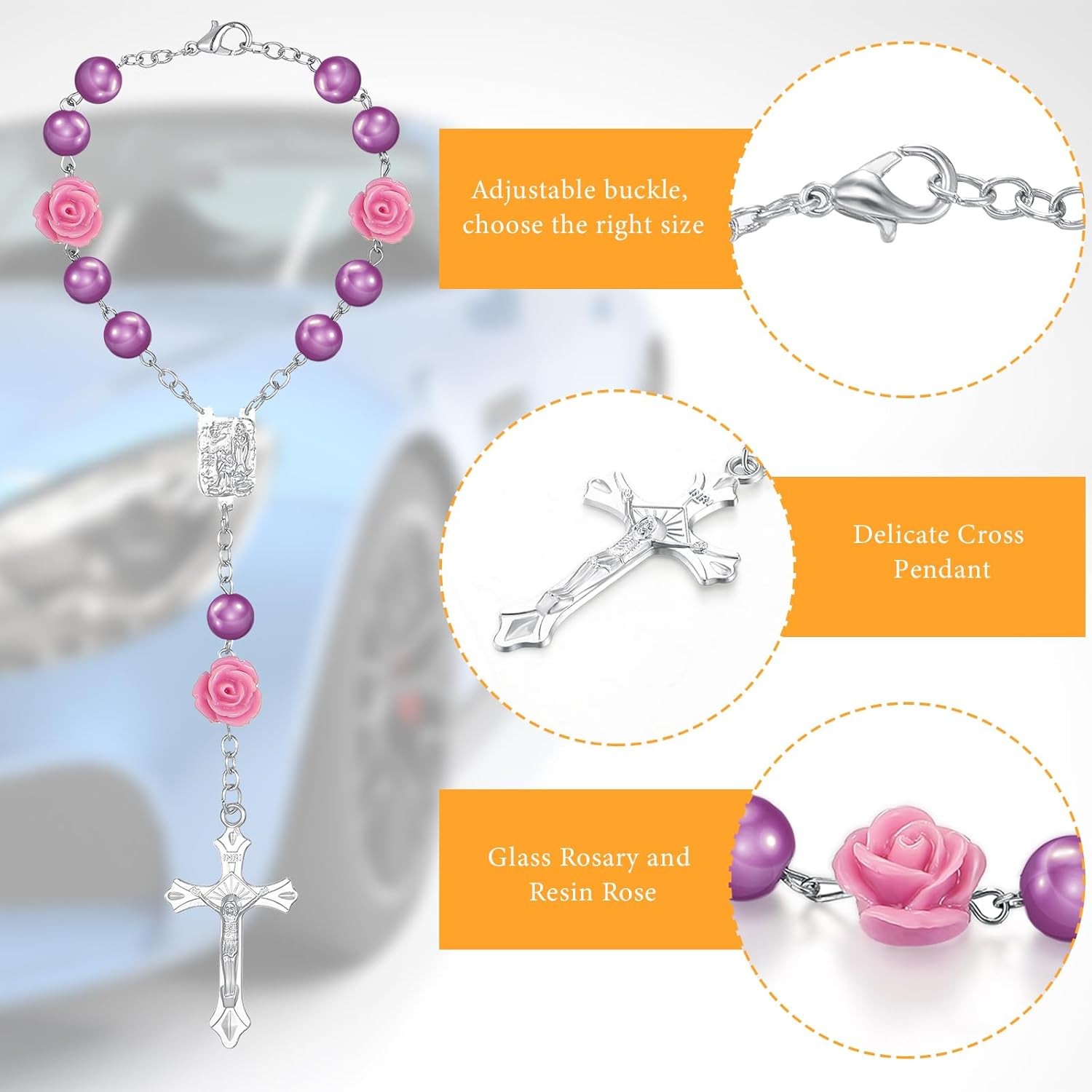 2 Pieces Car Rosary Rearview Mirror Auto Rosary Religious Car Mirror Hanging Acc