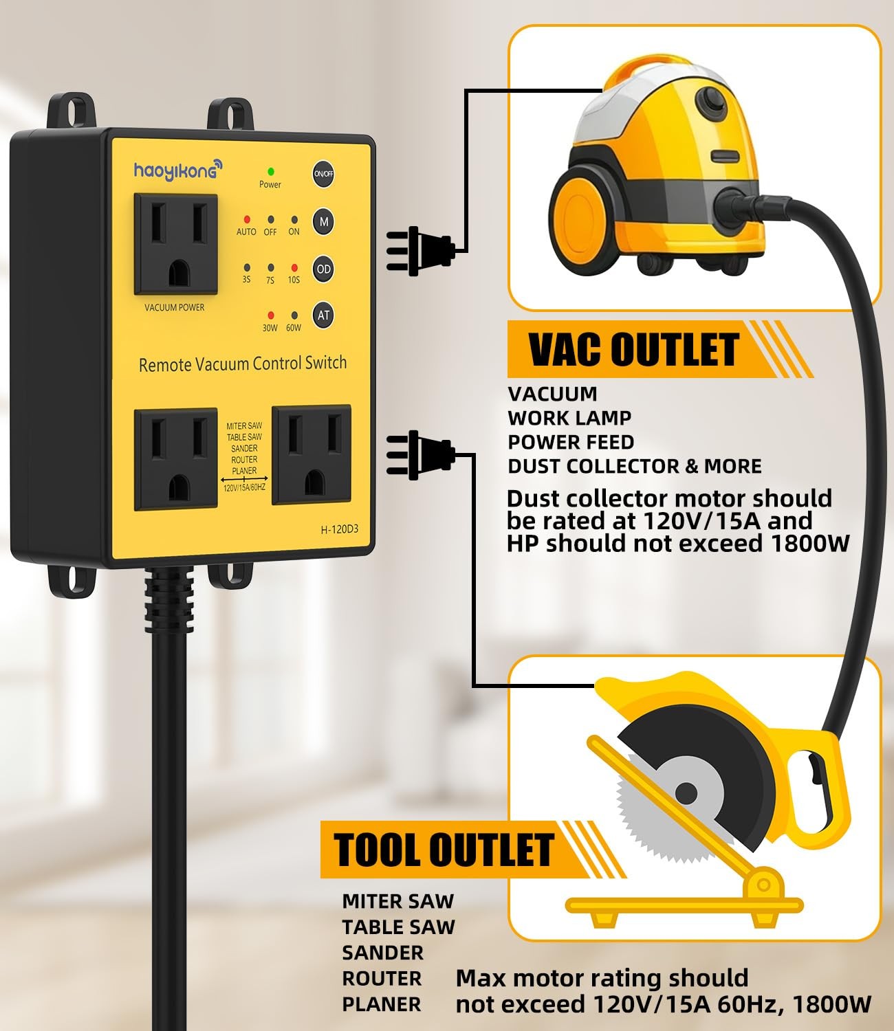 Automatic Vacuum Switch with Remote, 3/7/10s Delay Auto Yellow