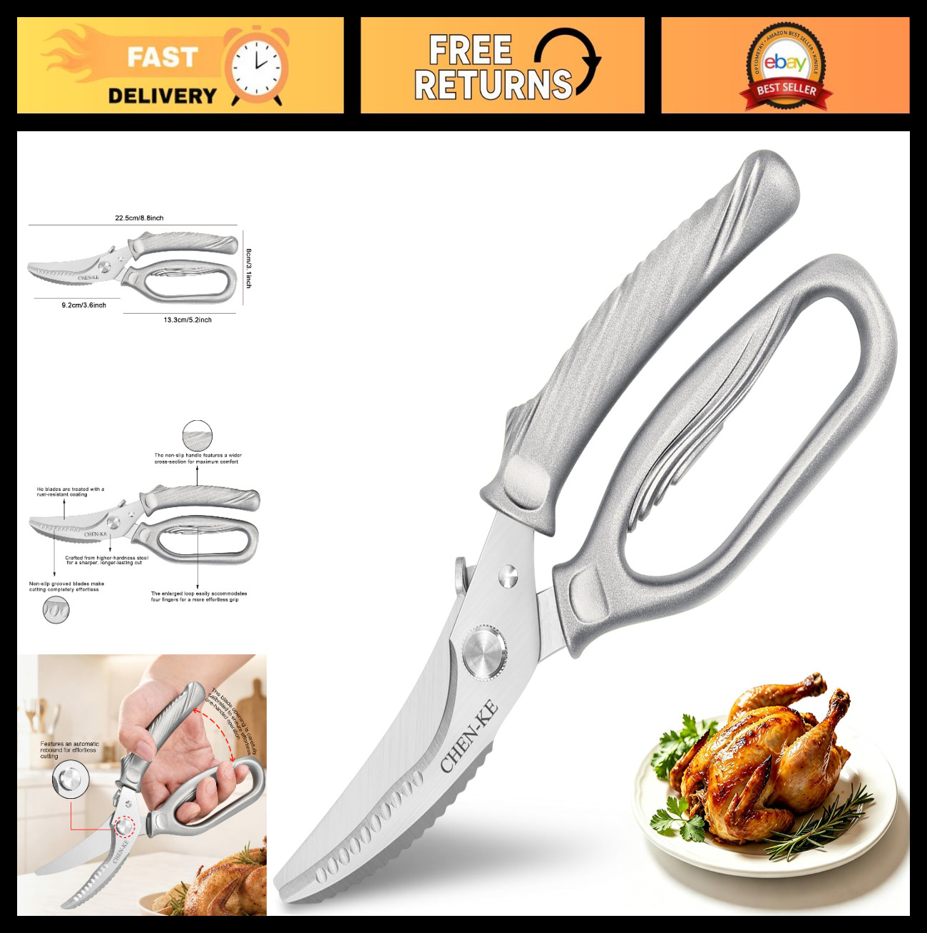 Heavy Duty Stainless Steel Kitchen Scissors, Rust Resistant, Ergonomic Grip, Sha