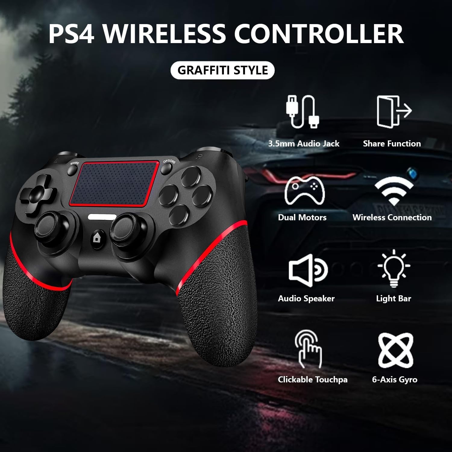 High-Performance Black Red Wireless PS4 Controller with Touchpad & Share Button