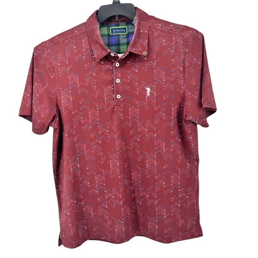 William Murray Golf Polo Shirt Large Burgundy Golf Club Chevron Print Mens