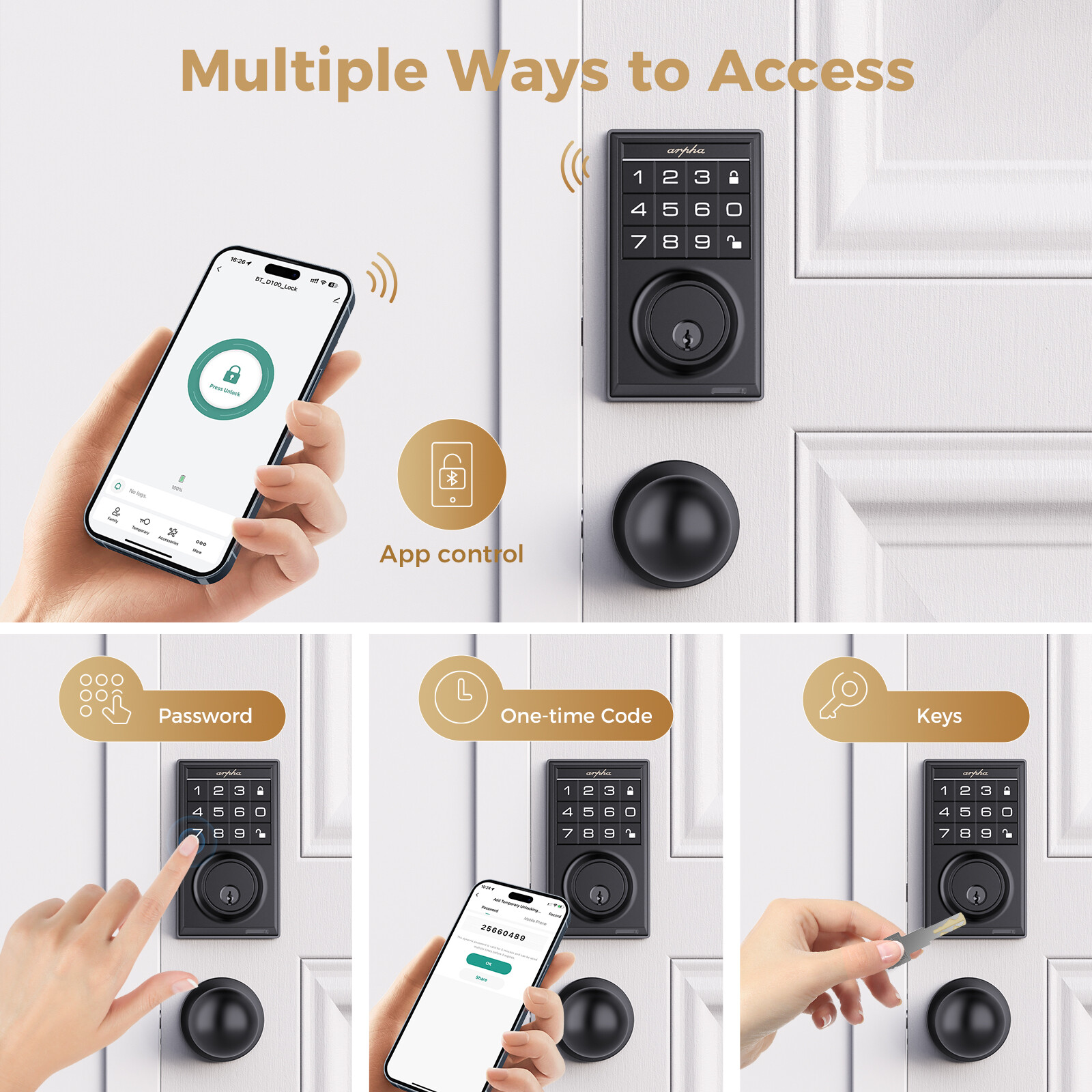 Keyless Entry Door Lock 100Code Smart Deadbolt App Anti-Peeping Password+Handle