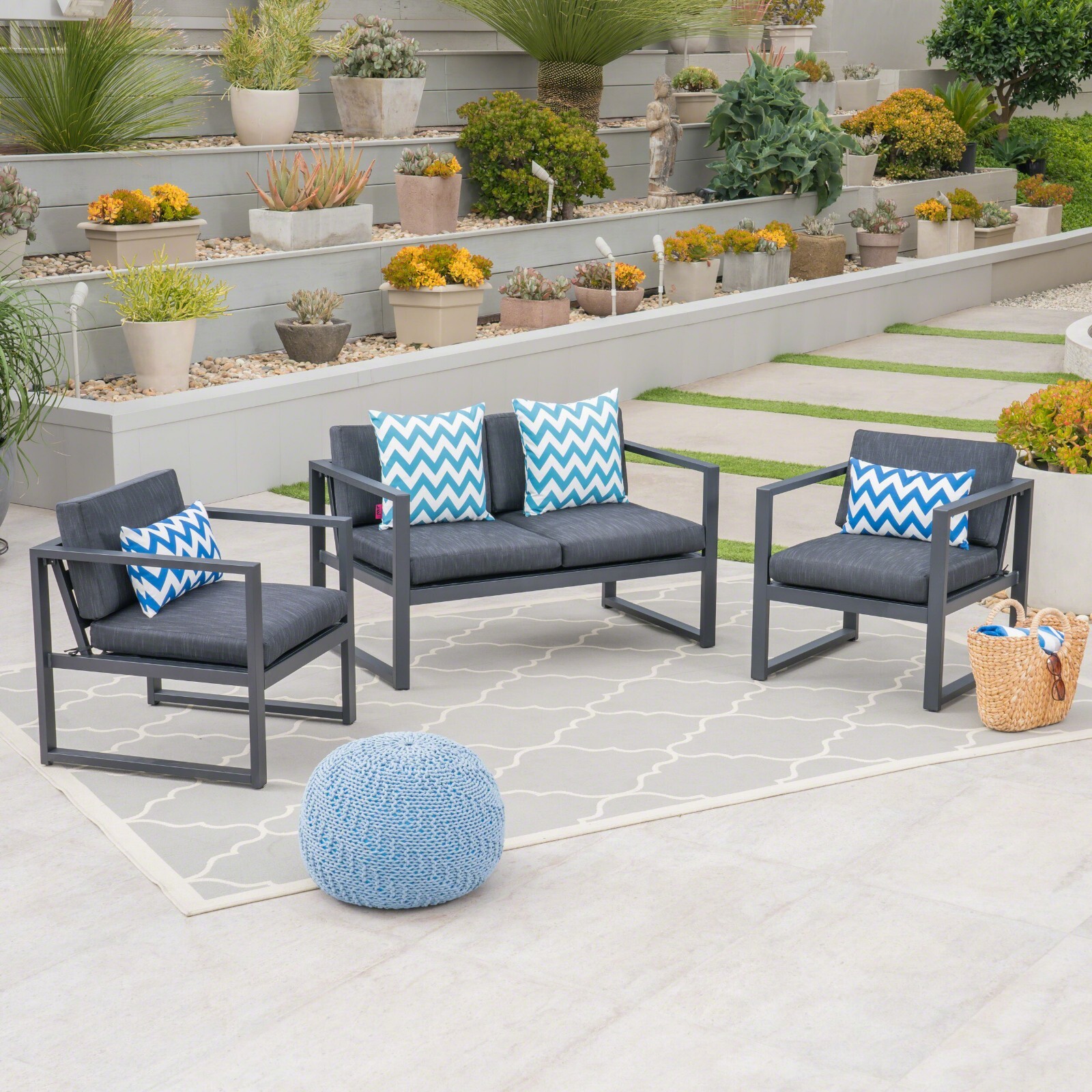 Navan Outdoor 4 Seater Aluminum Chat Set, Silver with Dark Grey Cushions