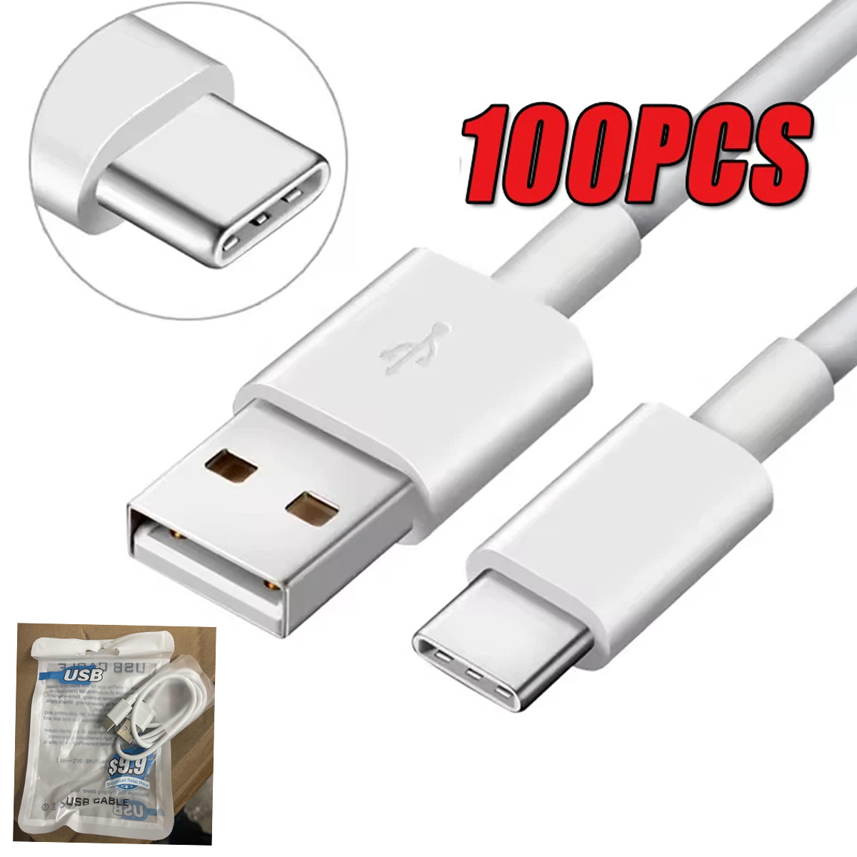 100Pcs USB-C to USB-A White Charging Data Cable Fast Charging Charger Cord Cable