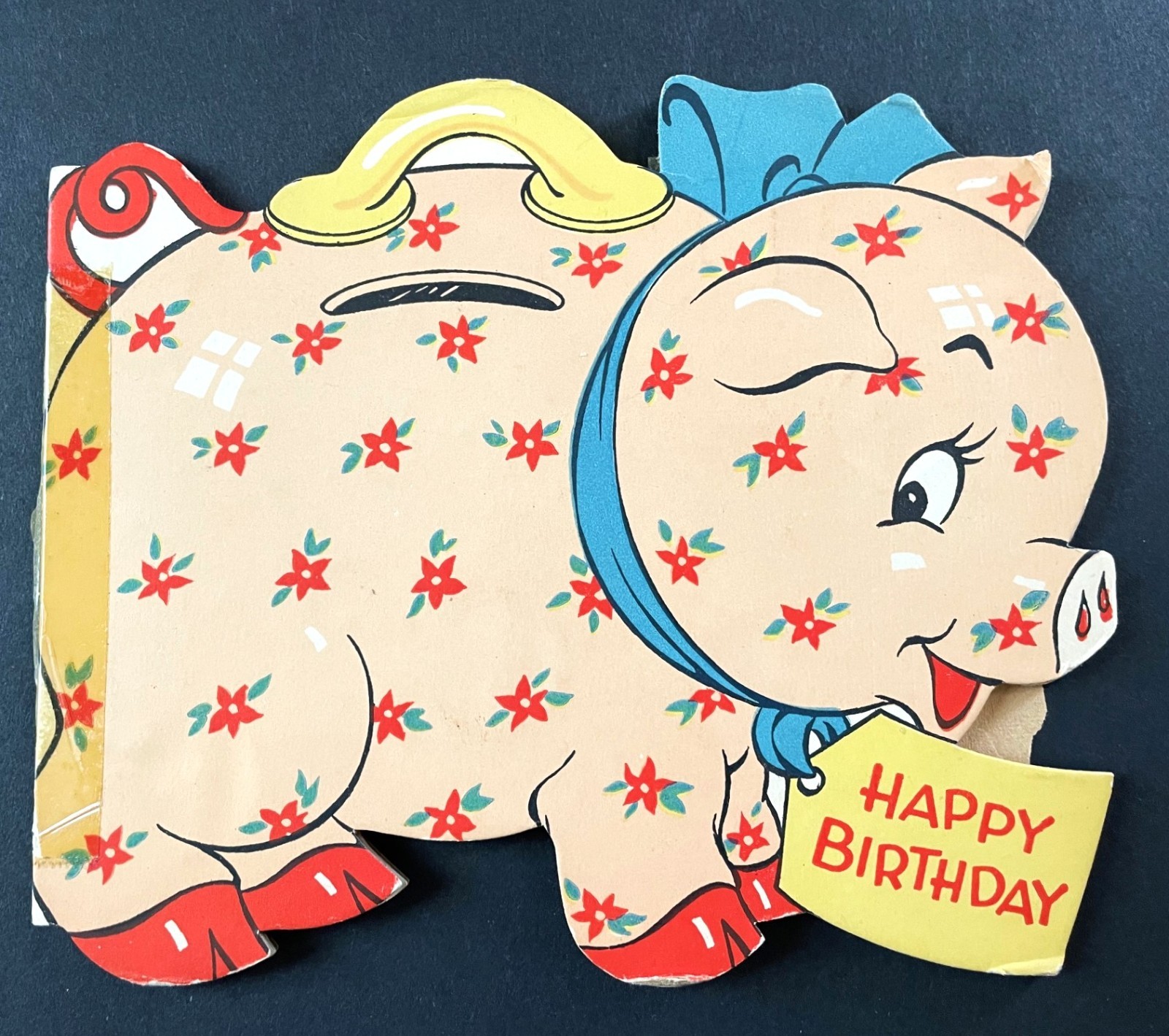 1946 Piggy Bank Birthday Card w/10 Mercury Head Silver Dimes