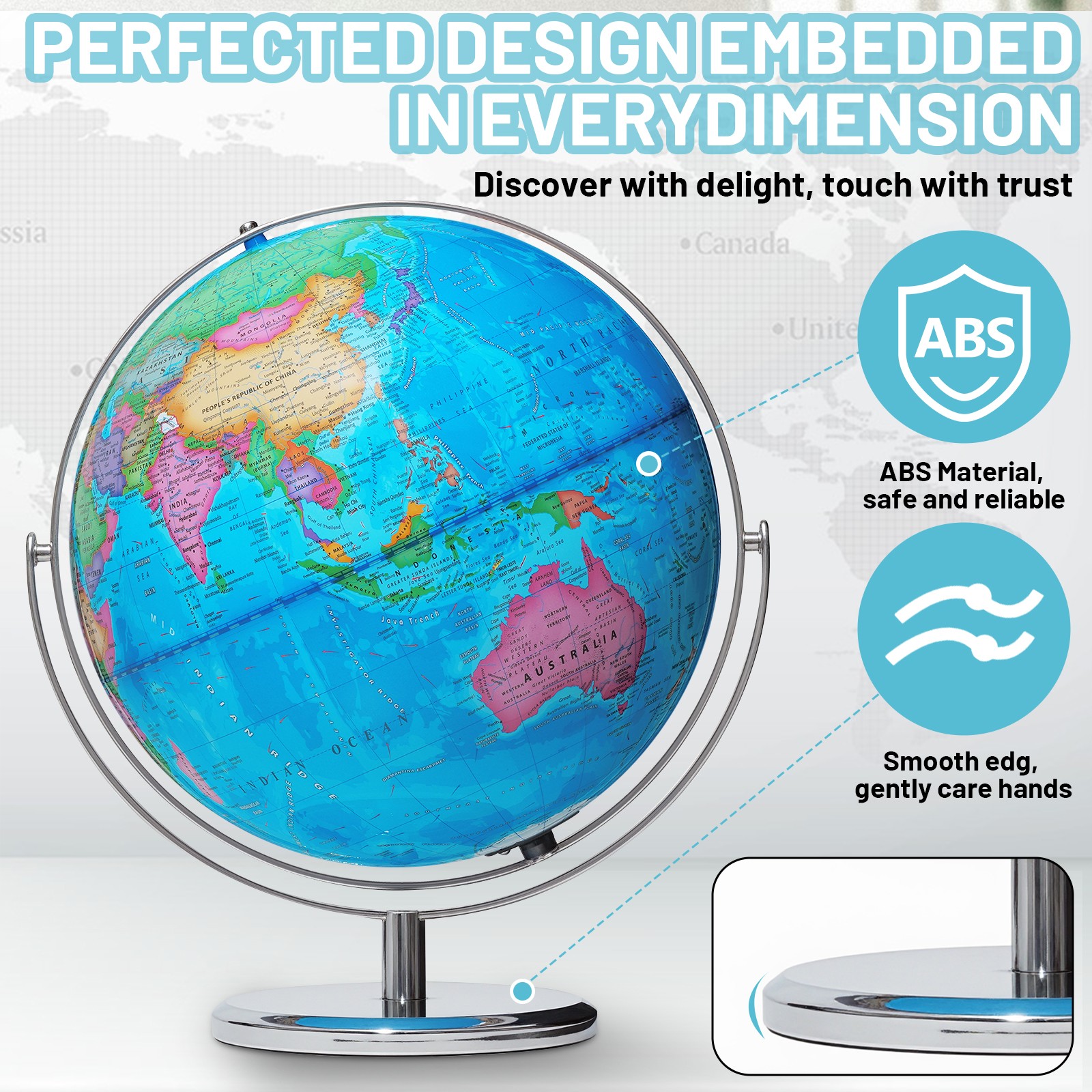13" Illuminated Globe Map 720° Rotation with Touch Switch 3 LED Lighting Modes