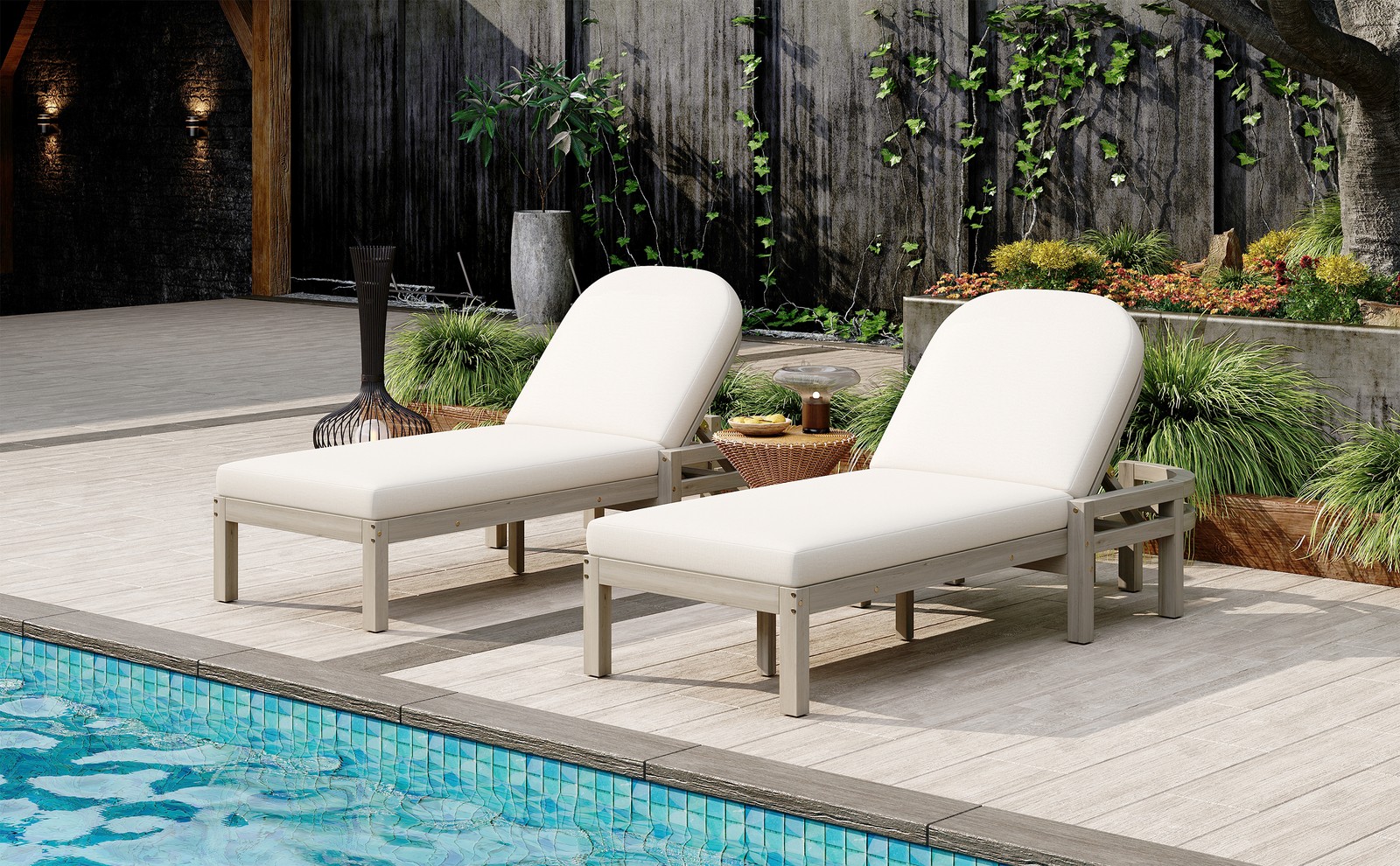 Patio Chaise Lounge Chair 2-Pack, Acacia Wood, Adjustable Backrest, Gray Cushion