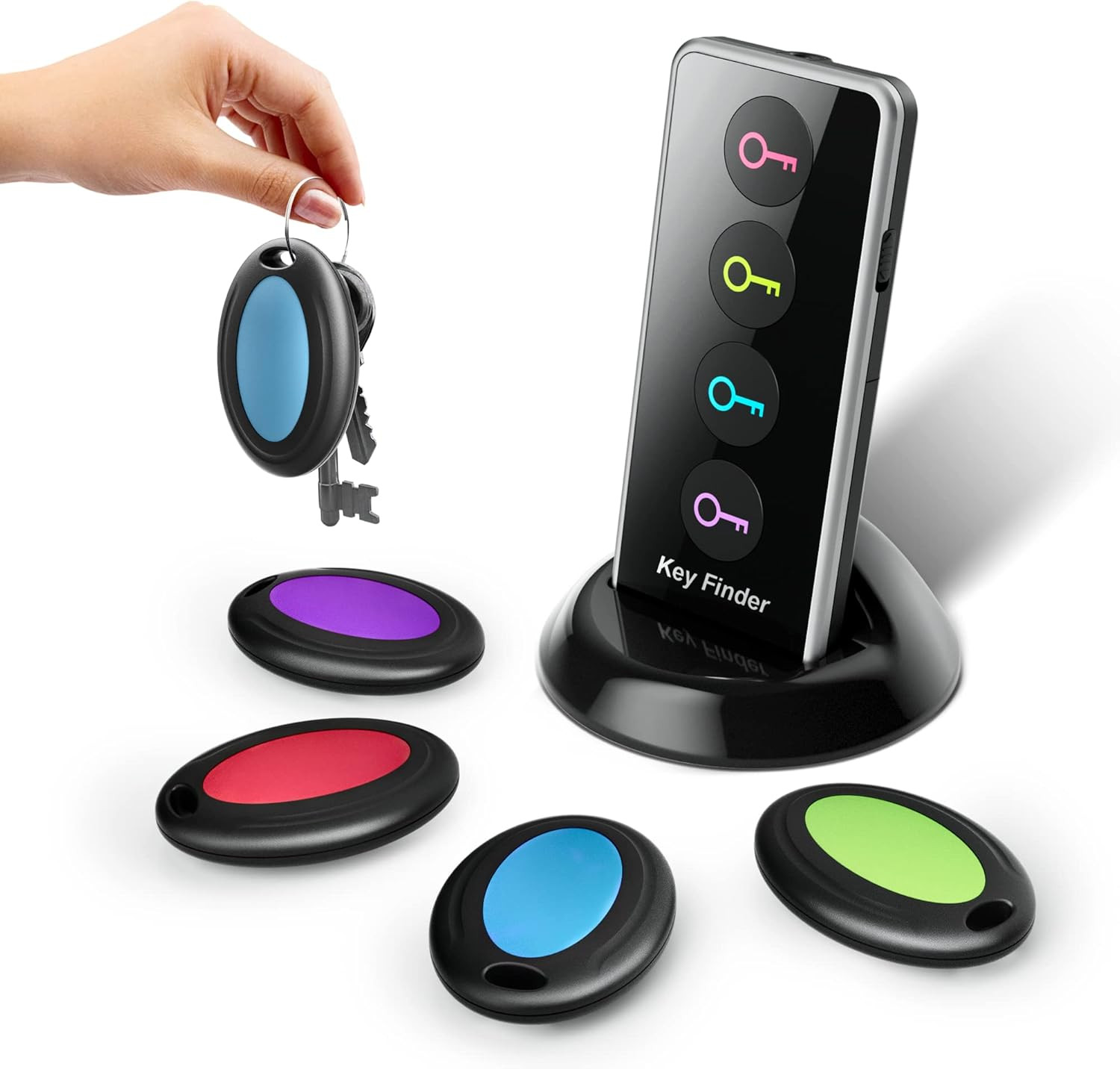 Key Finder Locator with Sound, 100Ft RF Item Tracker Tags with LED Light, 80Db
