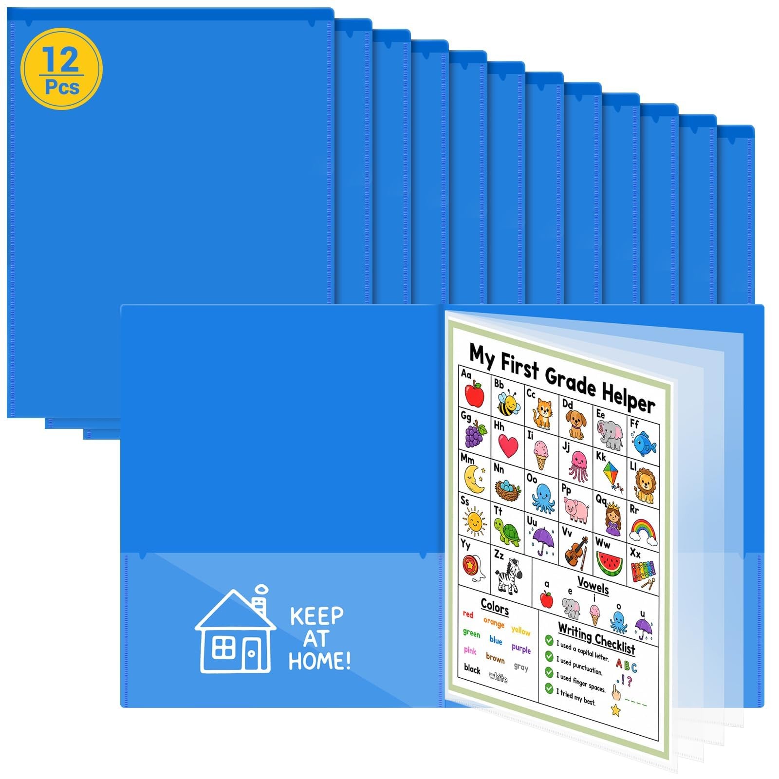 12 PCS Take Home Folders 2 Pocket Clear Front 11.81x9.45 Inch Plastic Blue