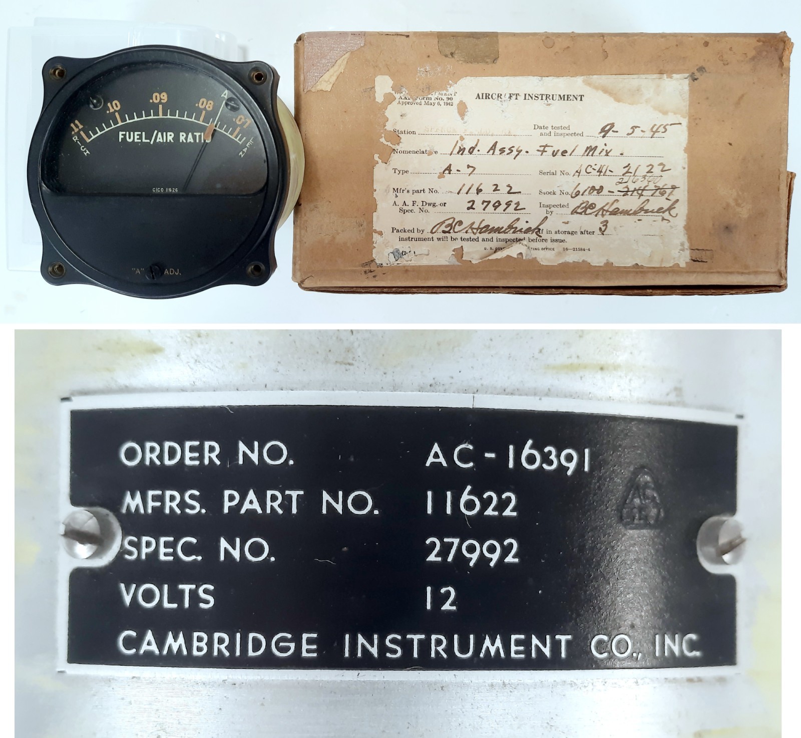 Cambridge Aircraft Fuel/Air Ratio Indicator P/N 11622 W/Open Box Dated 9-5-45