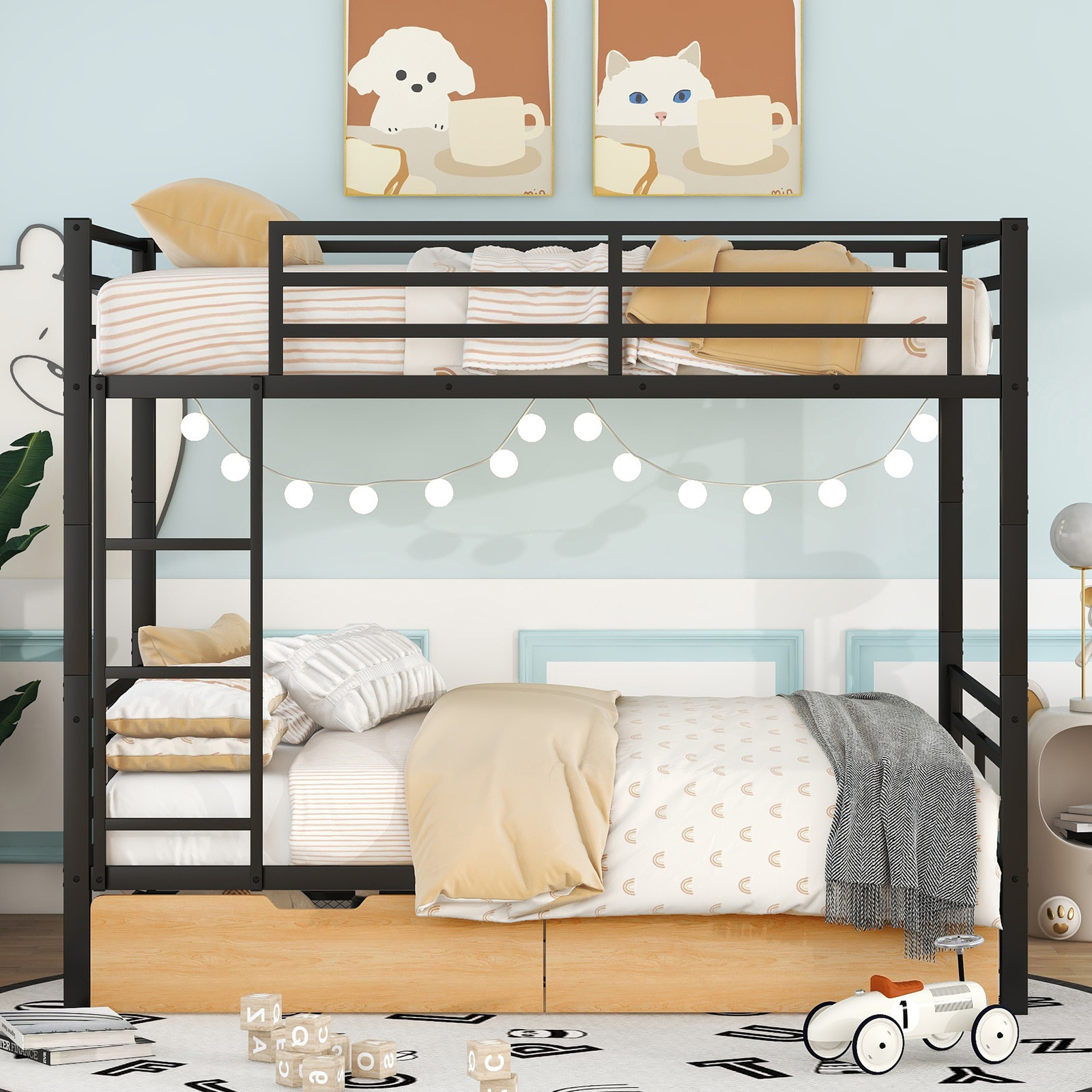 Metal Bed Frame Full Size Convertible Bunk Bed with 2 Drawers for Bedroom Black