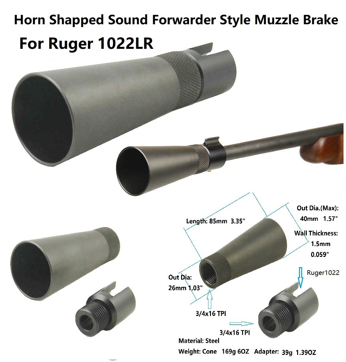Horn Shaped Sound Forwarder Muzzle Brake For Ruger 1022 LR