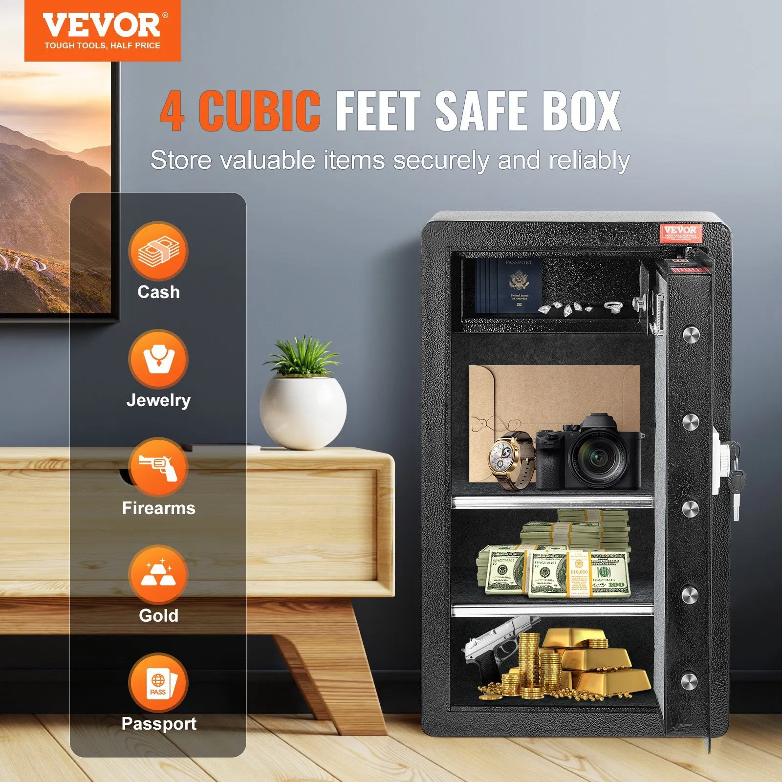 Single Door 4.0 cu.ft Safe Box with Key Lock & Password, Safe Lock Box with Fire