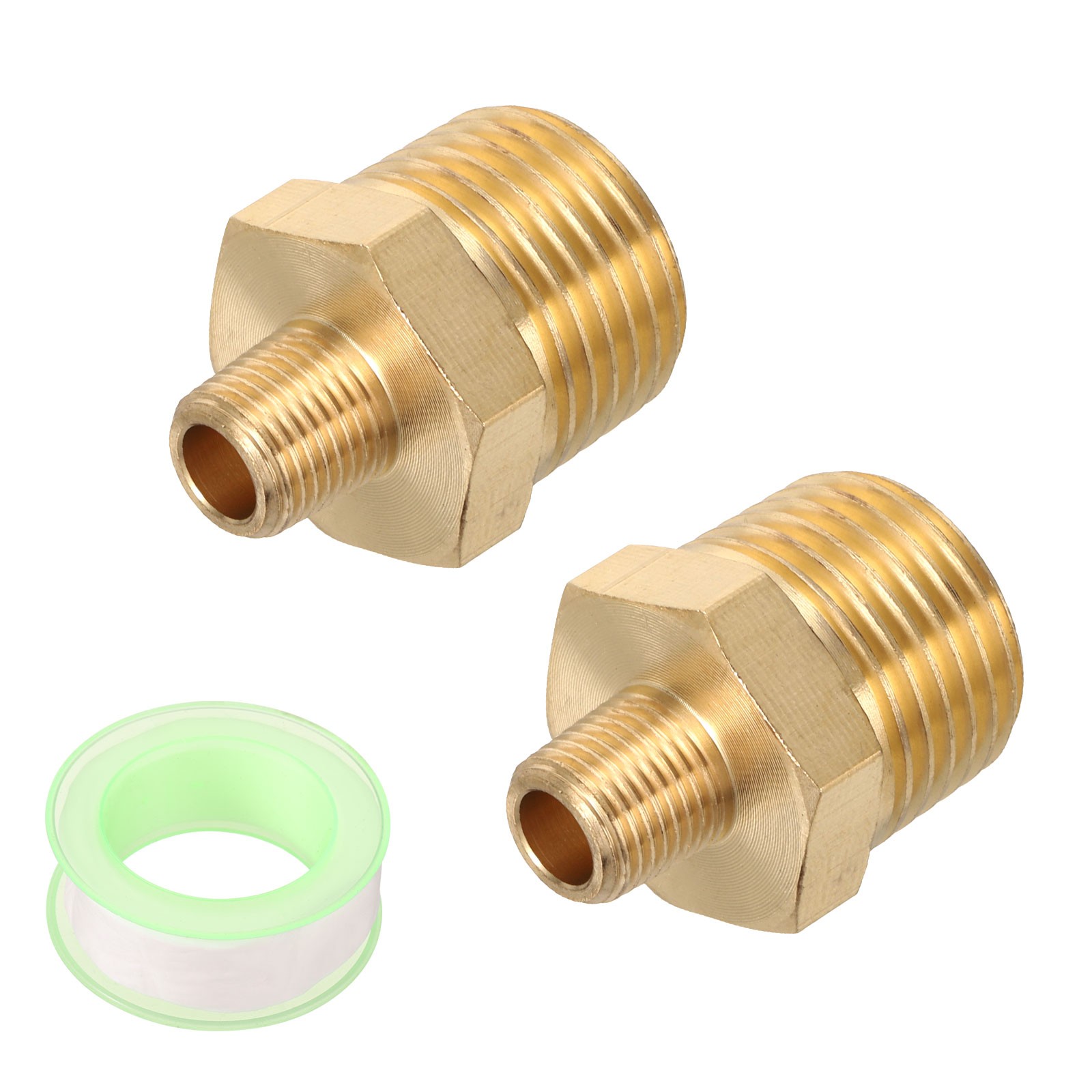 2pcs Hex Nipple Brass Pipe Fitting 1/8 NPT x 1/2 NPT with PTFE Tape, Gold Tone