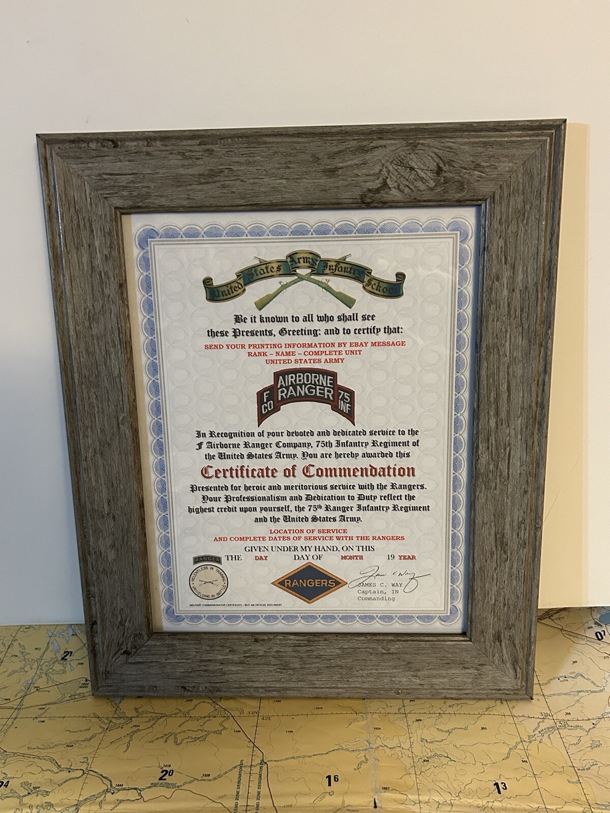 U.S. ARMY RANGER - F CO / 75 INFANTRY COMMENDATION CERTIFICATE (COMMEMORATIVE)
