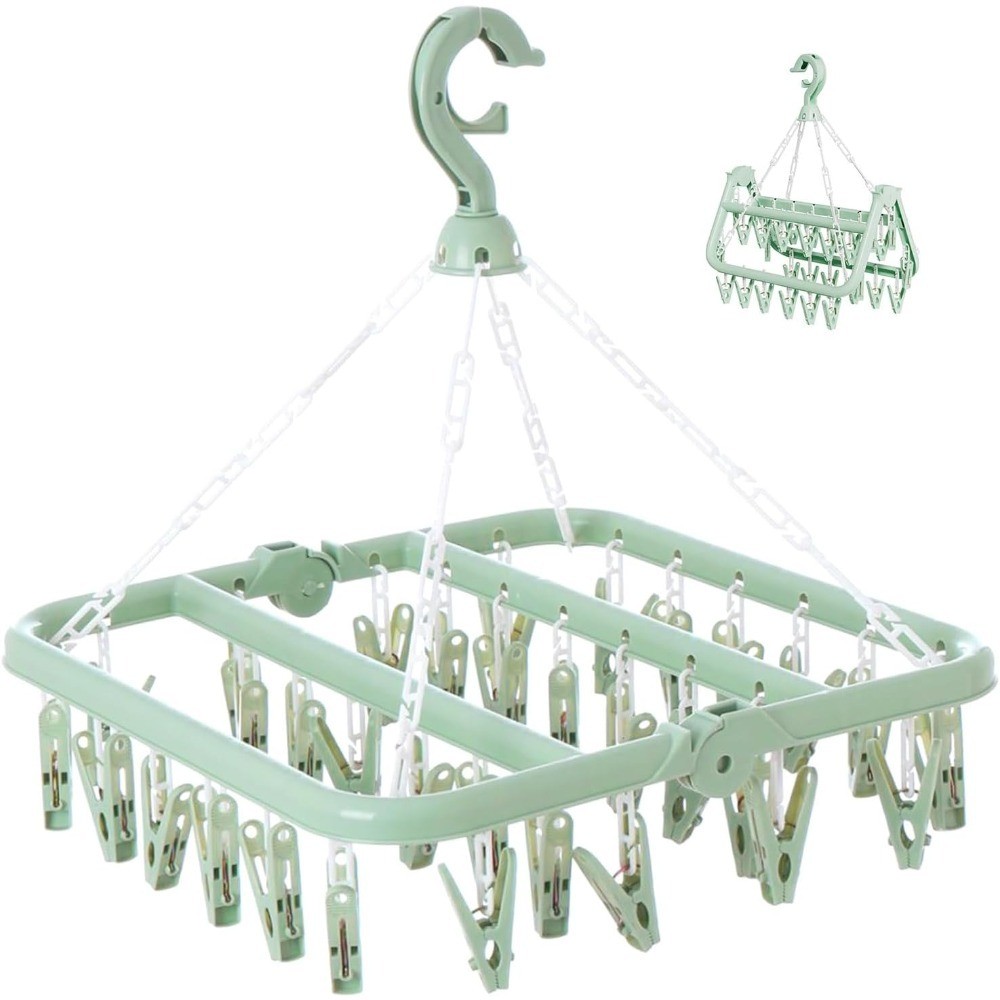 Clothes Drying Rack with 32 Clips, Foldable Hanging Rack, 360° Rotatable Hook