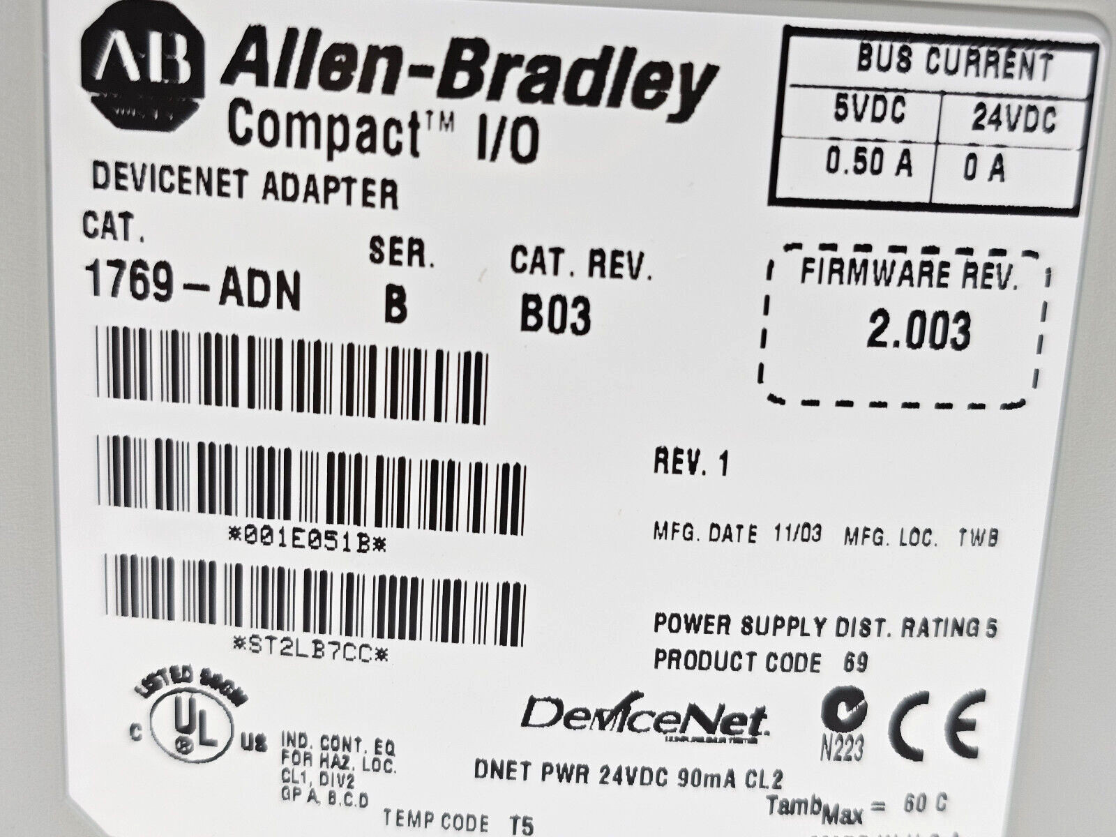 Allen Bradley 1769-ADN /B CompactLogix DeviceNet Adapter 1769ADN