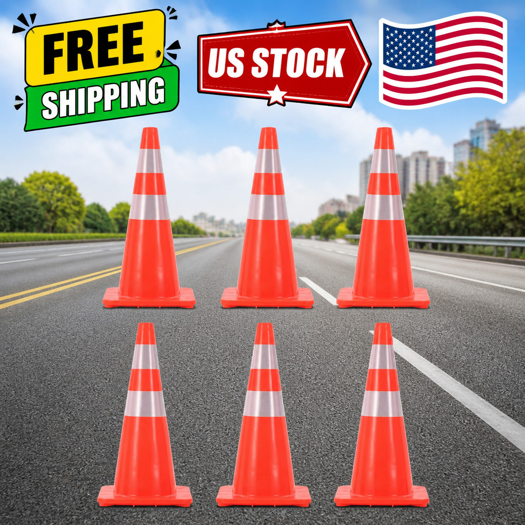 6 Pack Traffic Cone Set, 28 Inch High-Visibility Stackable Barriers with Reflect