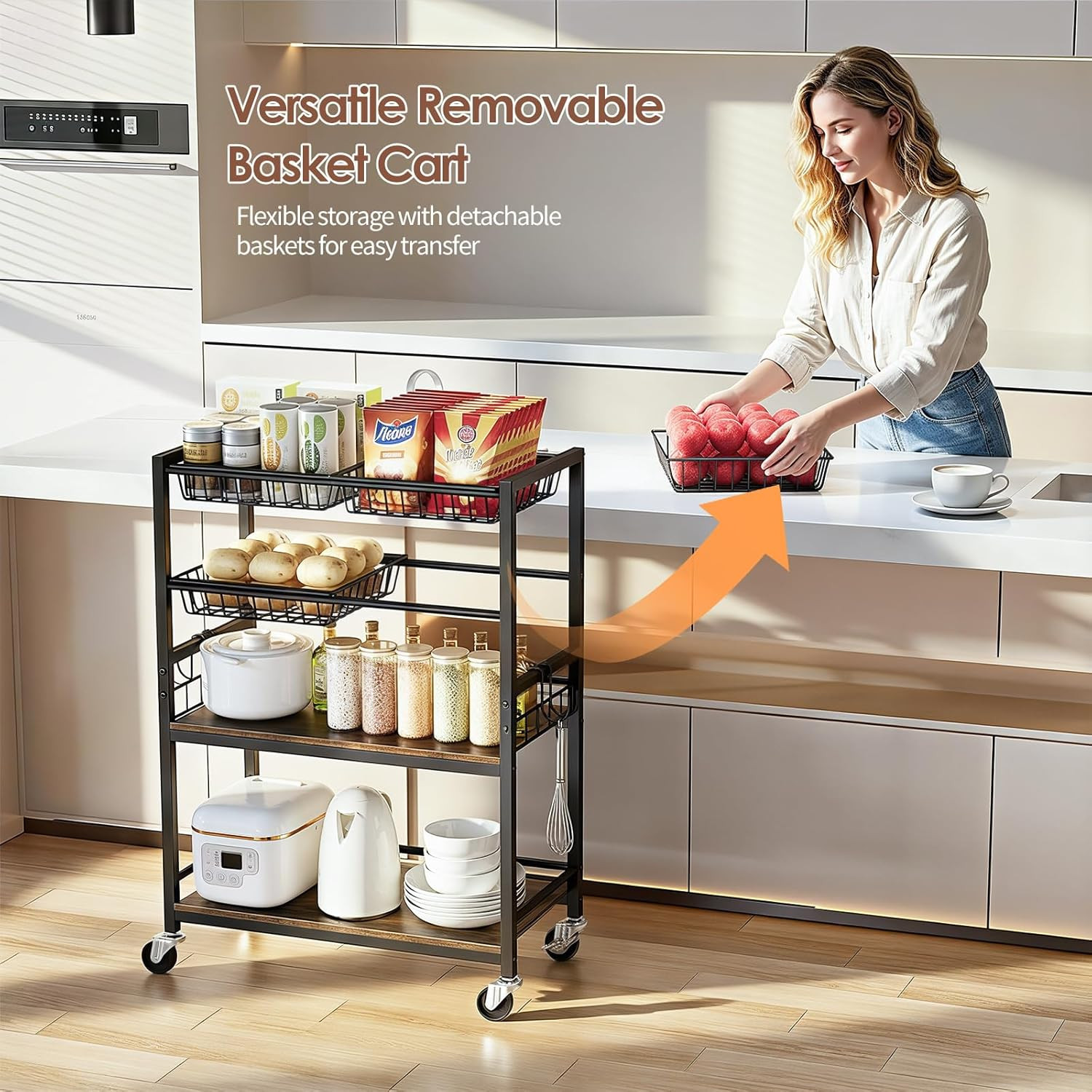 Fruit Vegetable Storage Cart, 4-Tier Rolling Kitchen Storage Cart, Fruit & Veget
