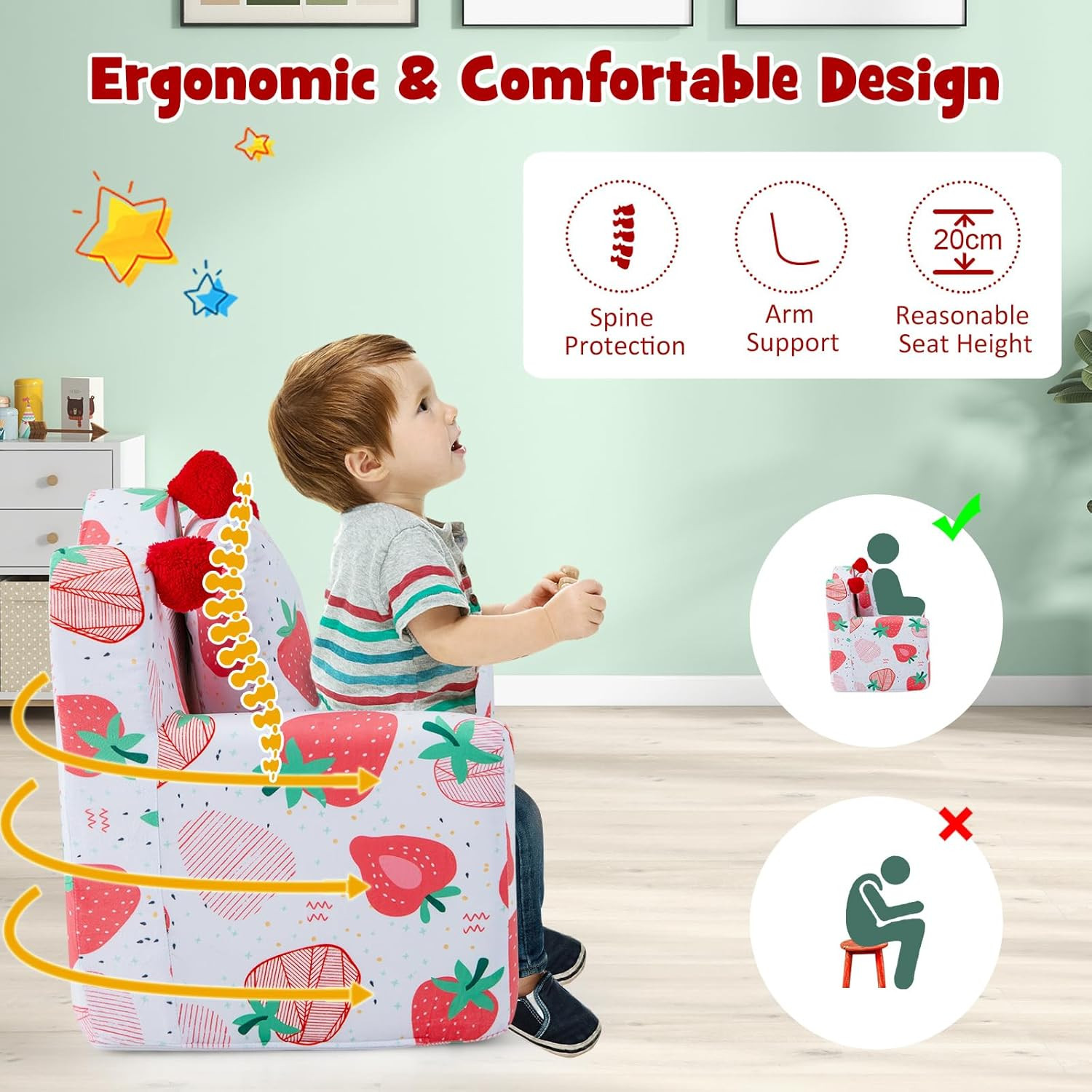 Toddler Couch, Crown Shaped Kids Chair W/Bonus Pillow, Comfy Kids Playroom Furni