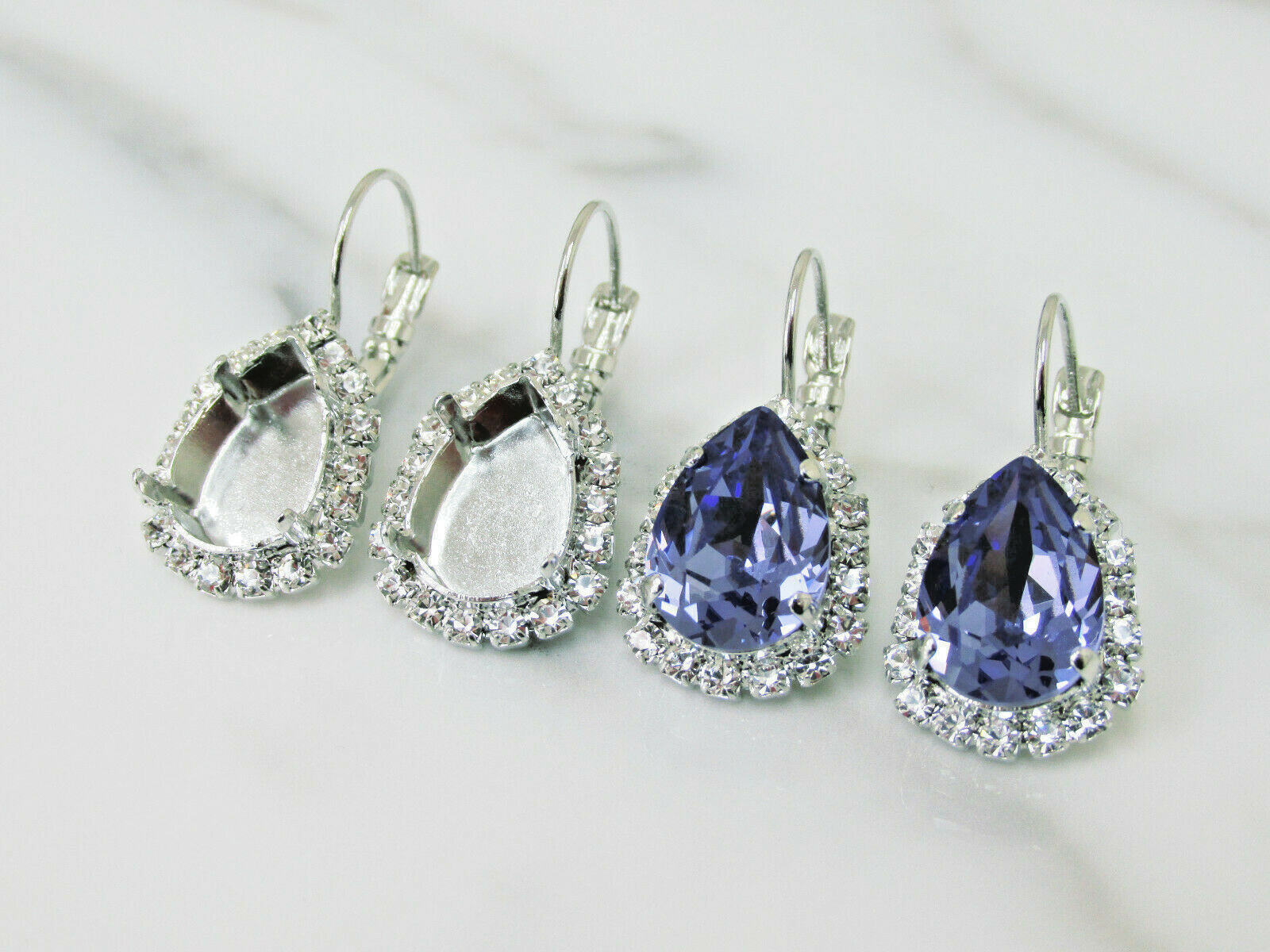 14mm x 10mm Pear | Crystal Halo Drop DIY Earring Bases | One Pair (EE 69)