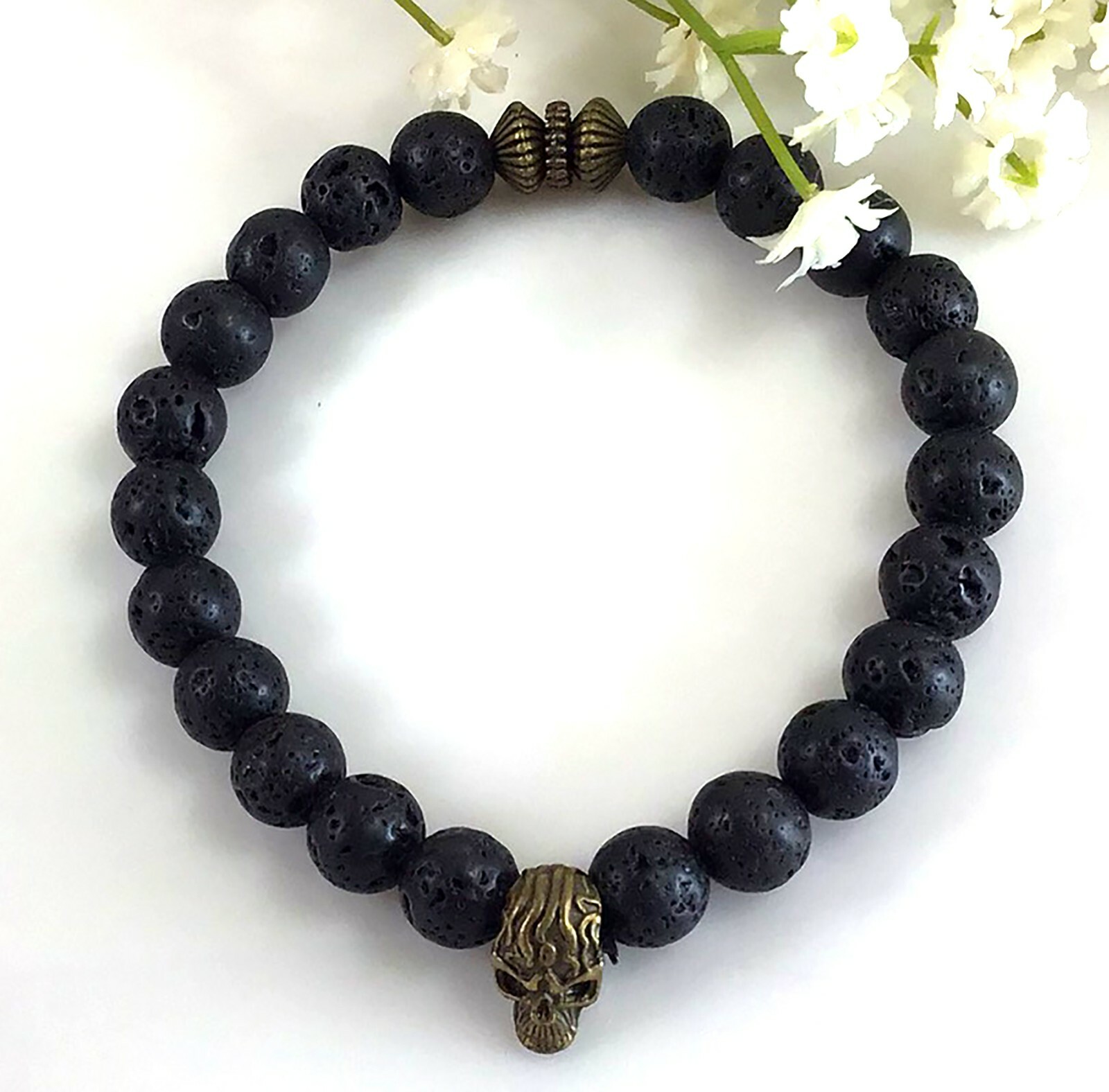 Black lava men bracelet with skull pendant healing stretch for men 8mm