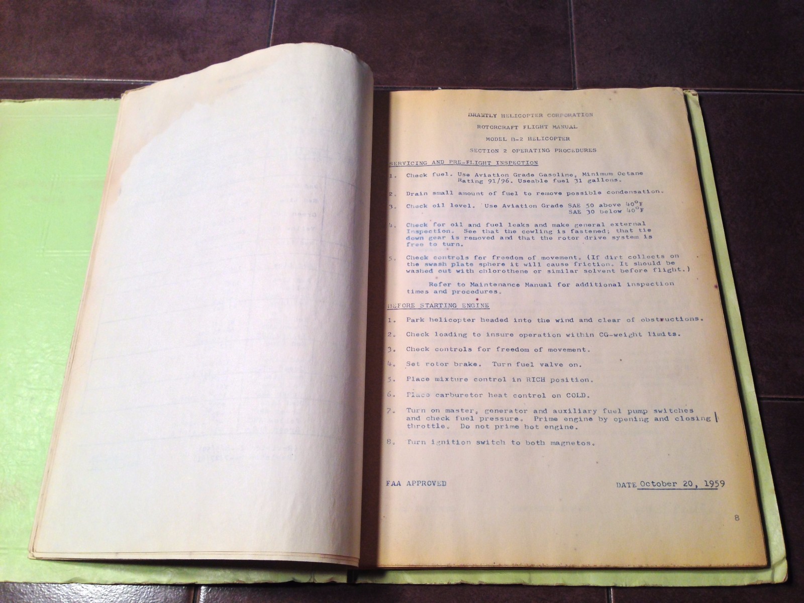 Original Brantly B-2 Helicopter Rotorcraft Flight Manual