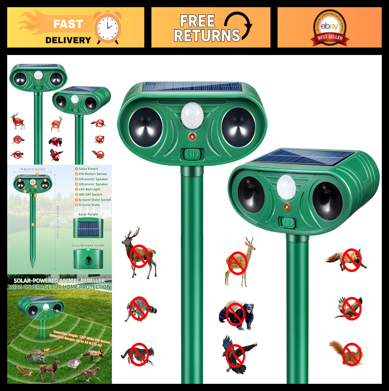 2026 Solar Animal Repellent Ultrasonic Outdoor 2PCS with Motion Deer Repellent